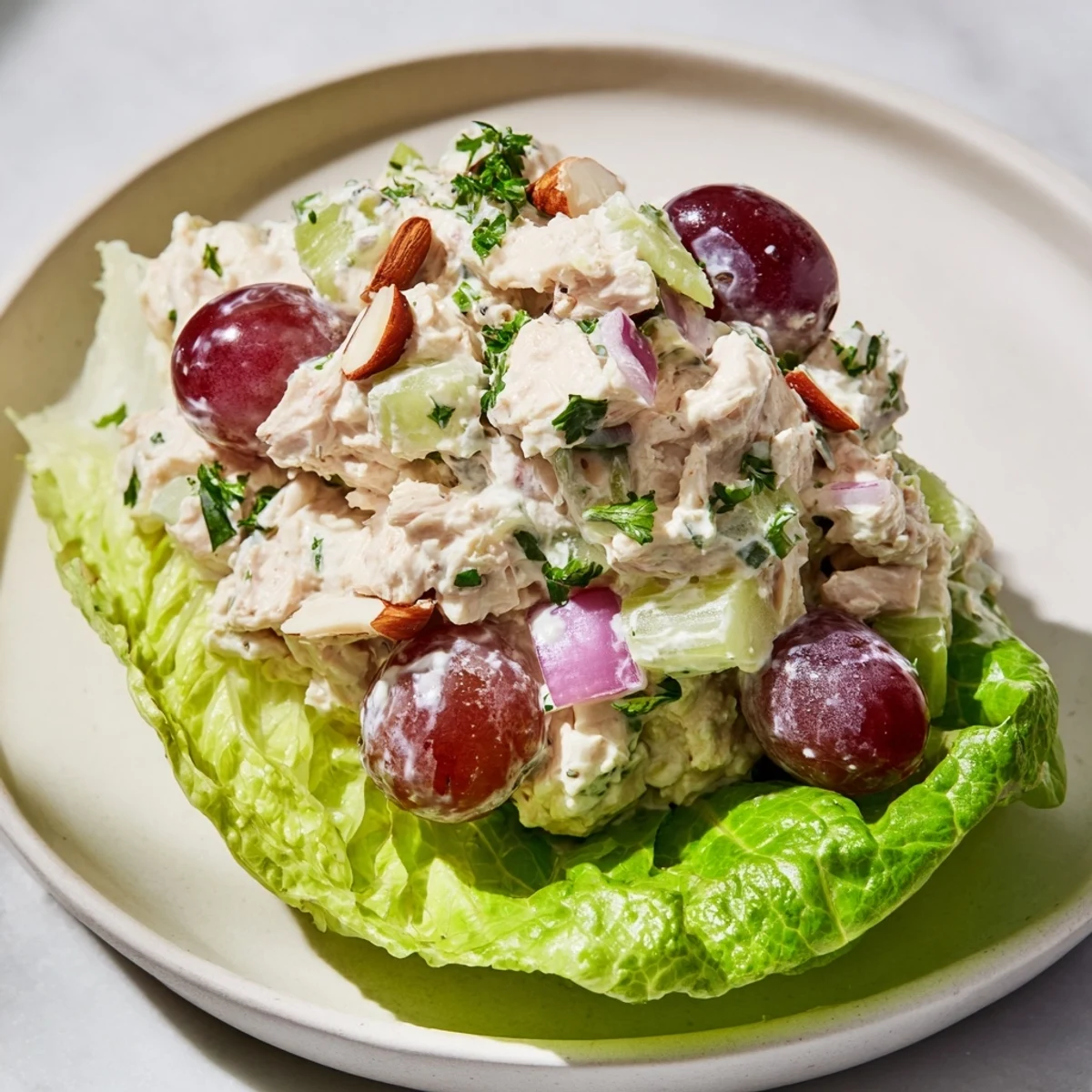 Juicy Chicken Salad Scoop garnished with parsley, perfect for a summer picnic platter.
