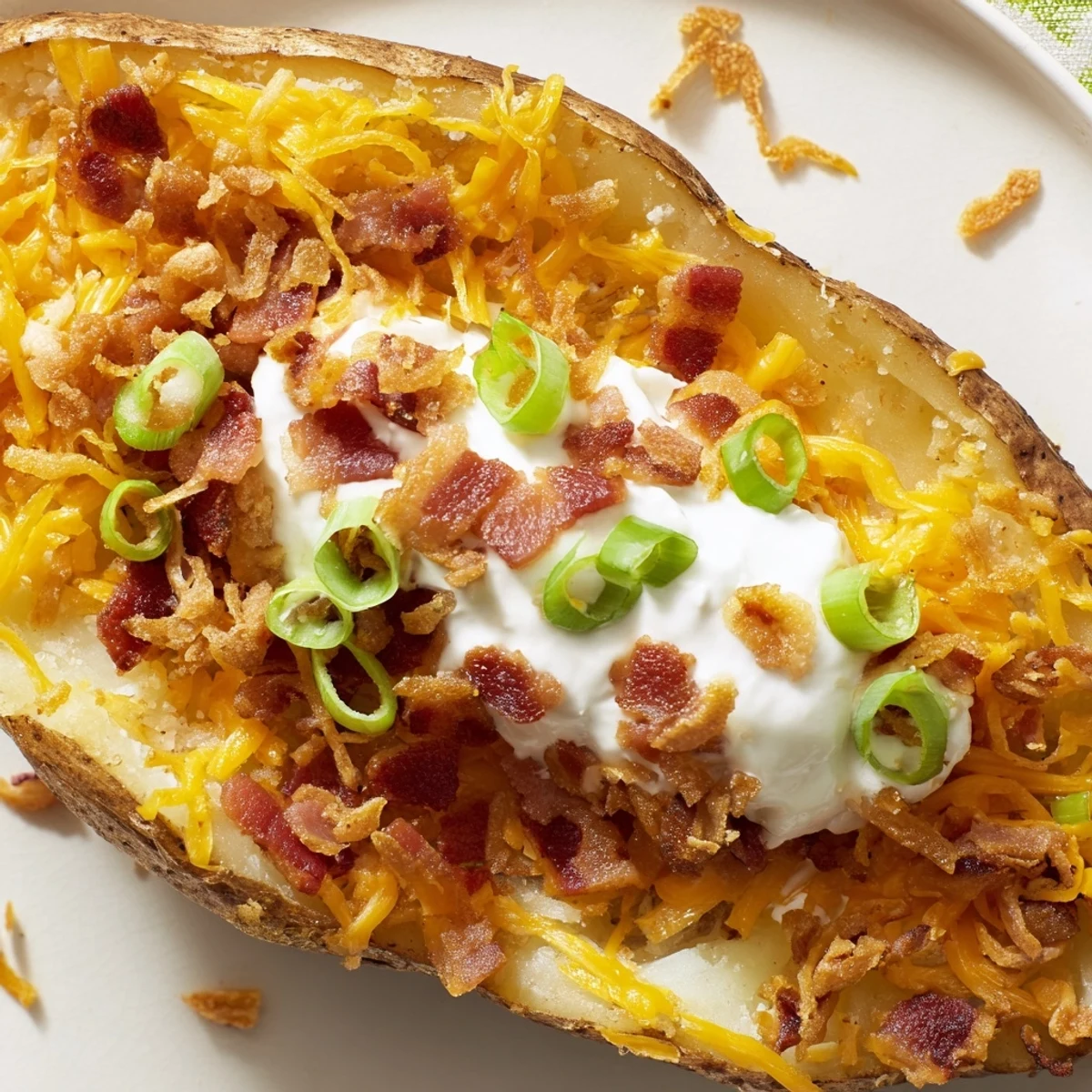 Golden-brown Crispy Potato Skins loaded with melty cheddar, smoky bacon, and a cool dollop of sour cream on a platter.