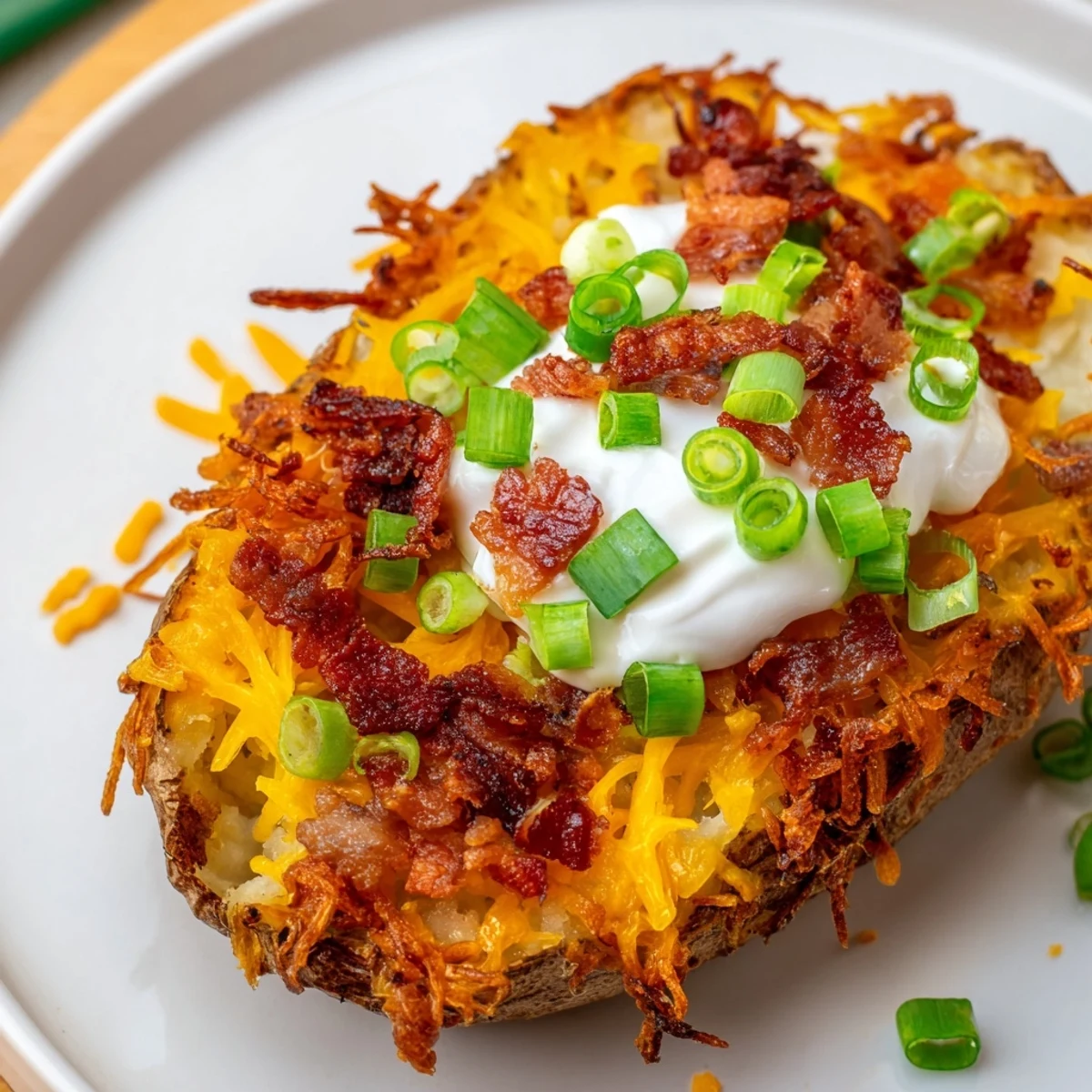 Golden-brown Crispy Potato Skins filled with melted cheddar cheese and topped with smoky crumbled bacon and sour cream.