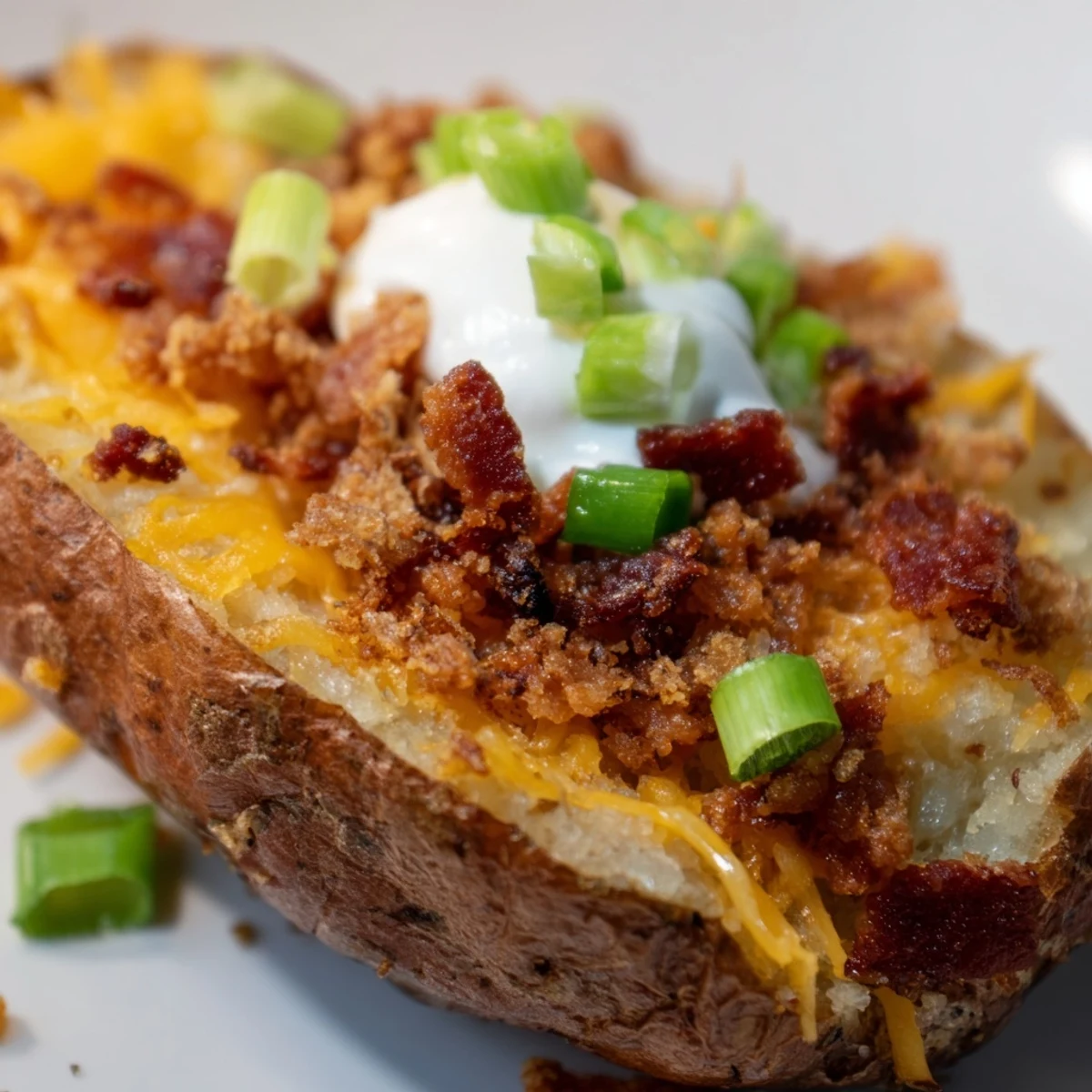 These Crispy Potato Skins feature golden cheese, bacon crumbles, and sour cream, perfect for a party snack platter.