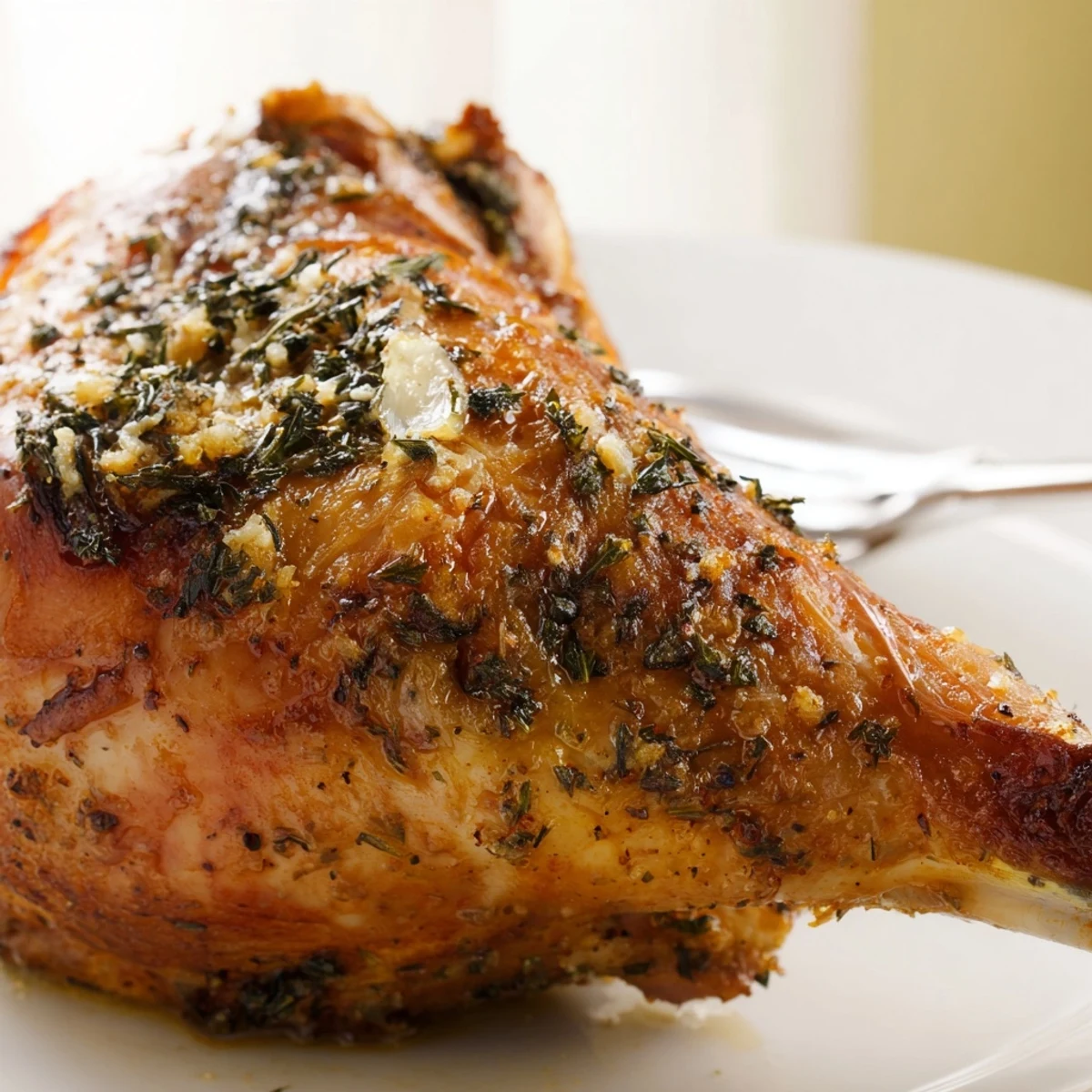 Golden-brown slow roasted turkey legs with sage resting beside roasted carrots and onions in a rustic pan.