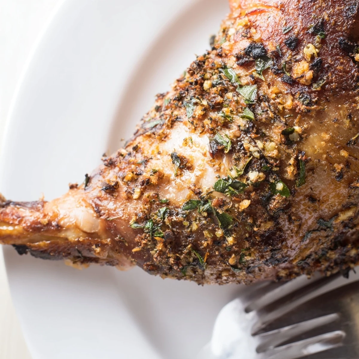 Fall-off-the-bone slow roasted turkey legs served over aromatic vegetables with savory pan juices and herbs.