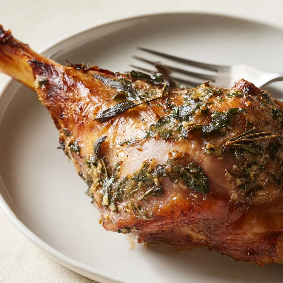 Sizzling slow roasted turkey legs with crispy sage-infused skin, plated for a cozy family-style dinner.