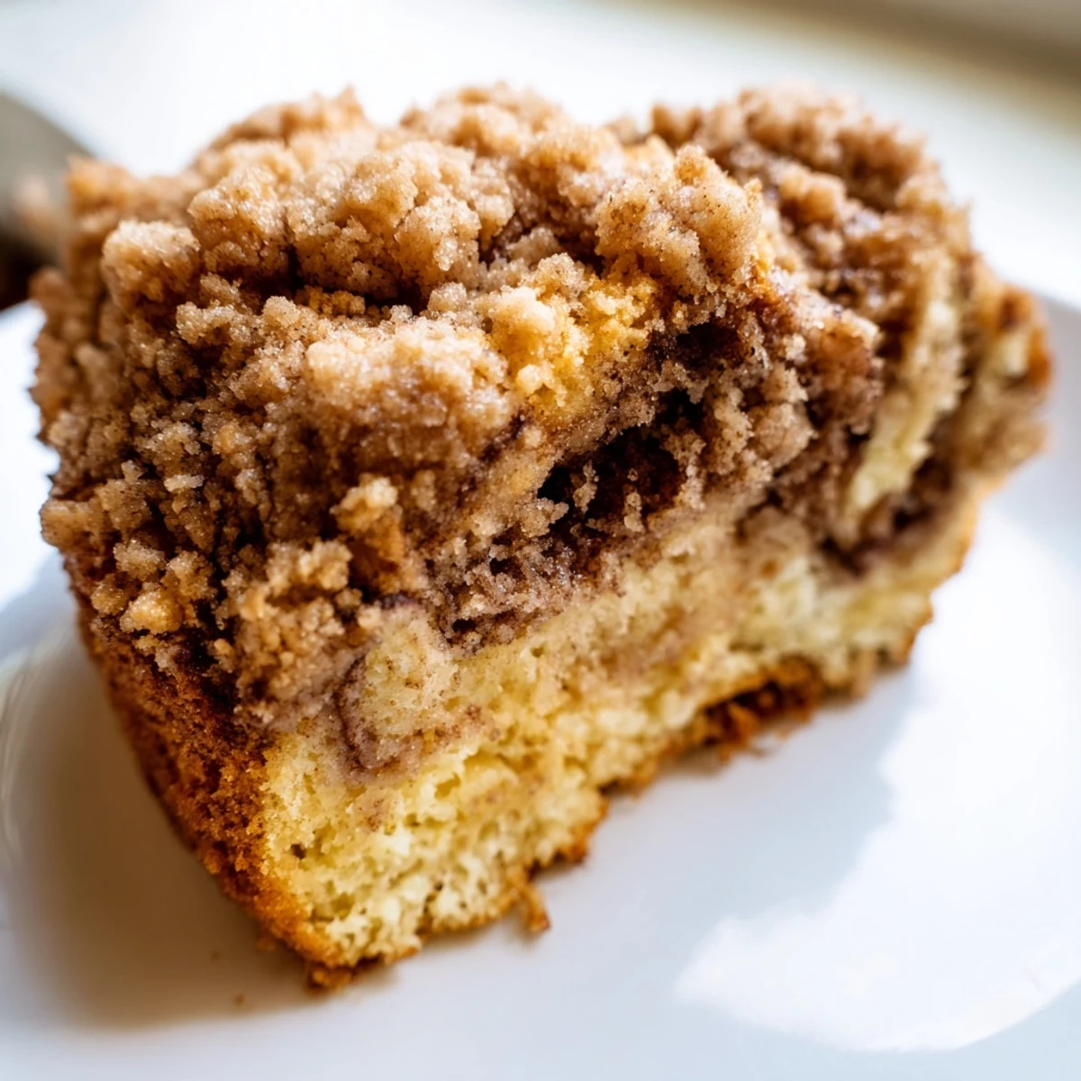 A slice of Cinnamon Swirl Coffee Cake with Crumble showcases its tender, moist crumb and buttery streusel topping. 