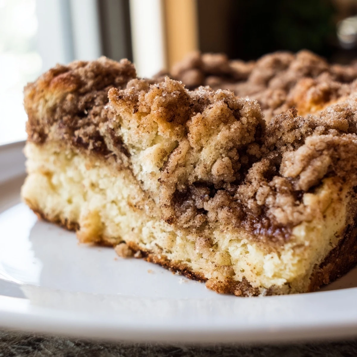 The golden-brown Cinnamon Swirl Coffee Cake with Crumble rests on a white plate near a steaming mug of coffee. 