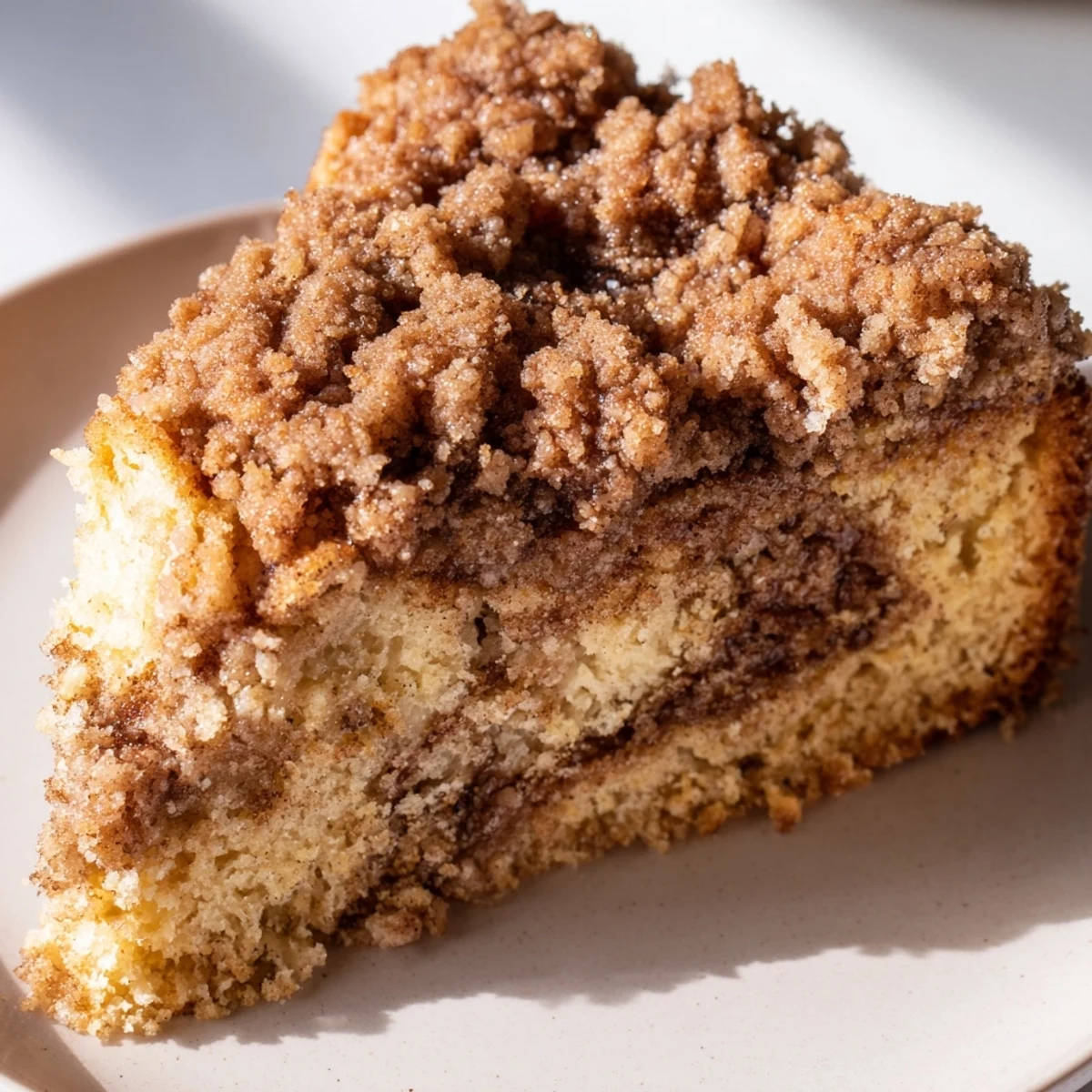 Freshly baked Cinnamon Swirl Coffee Cake with Crumble reveals a rich, gooey cinnamon ribbon inside the tender slice.