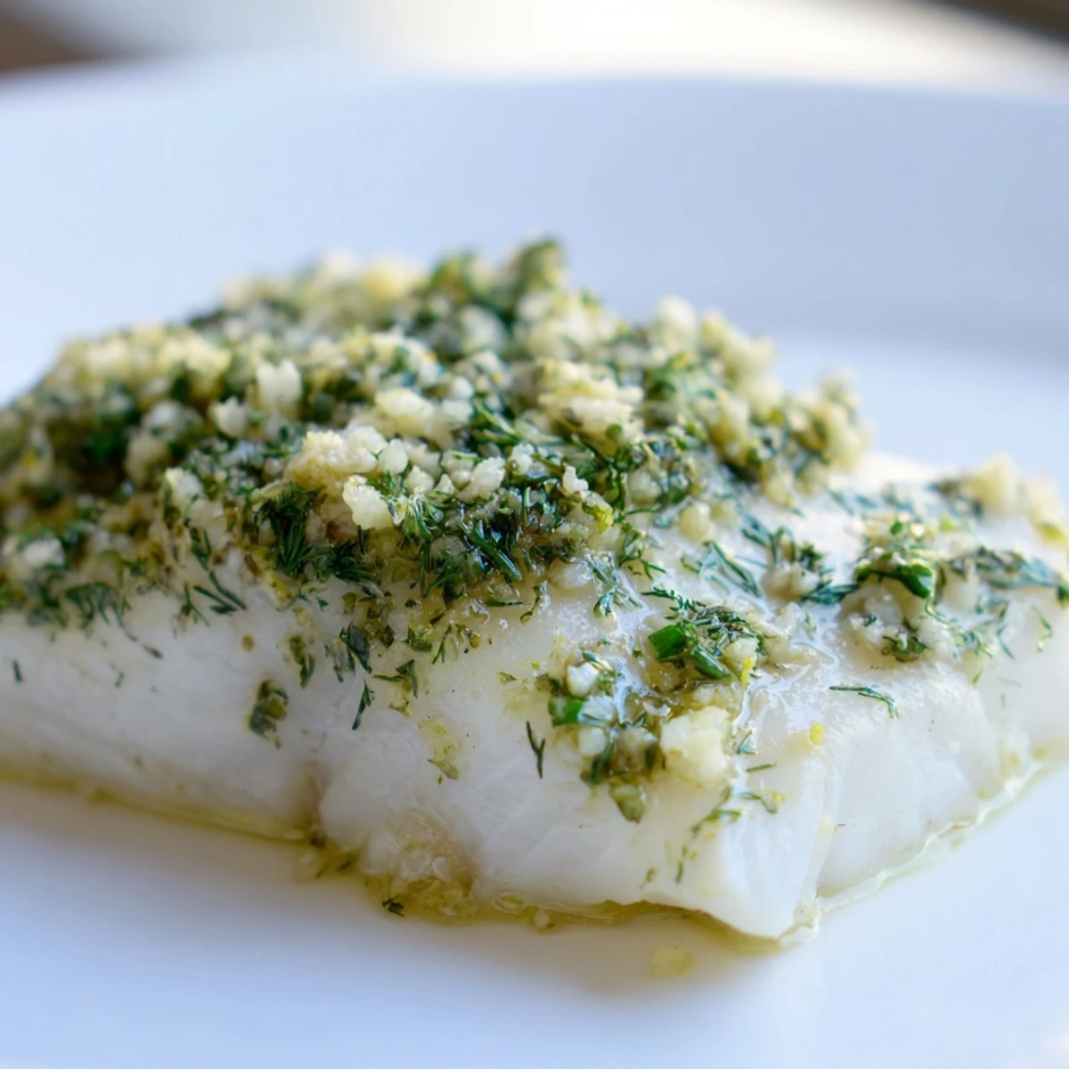 Golden-brown Baked Halibut with Lemon Herb Butter sits on a white plate, flaking easily with a fork next to bright lemon wedges.