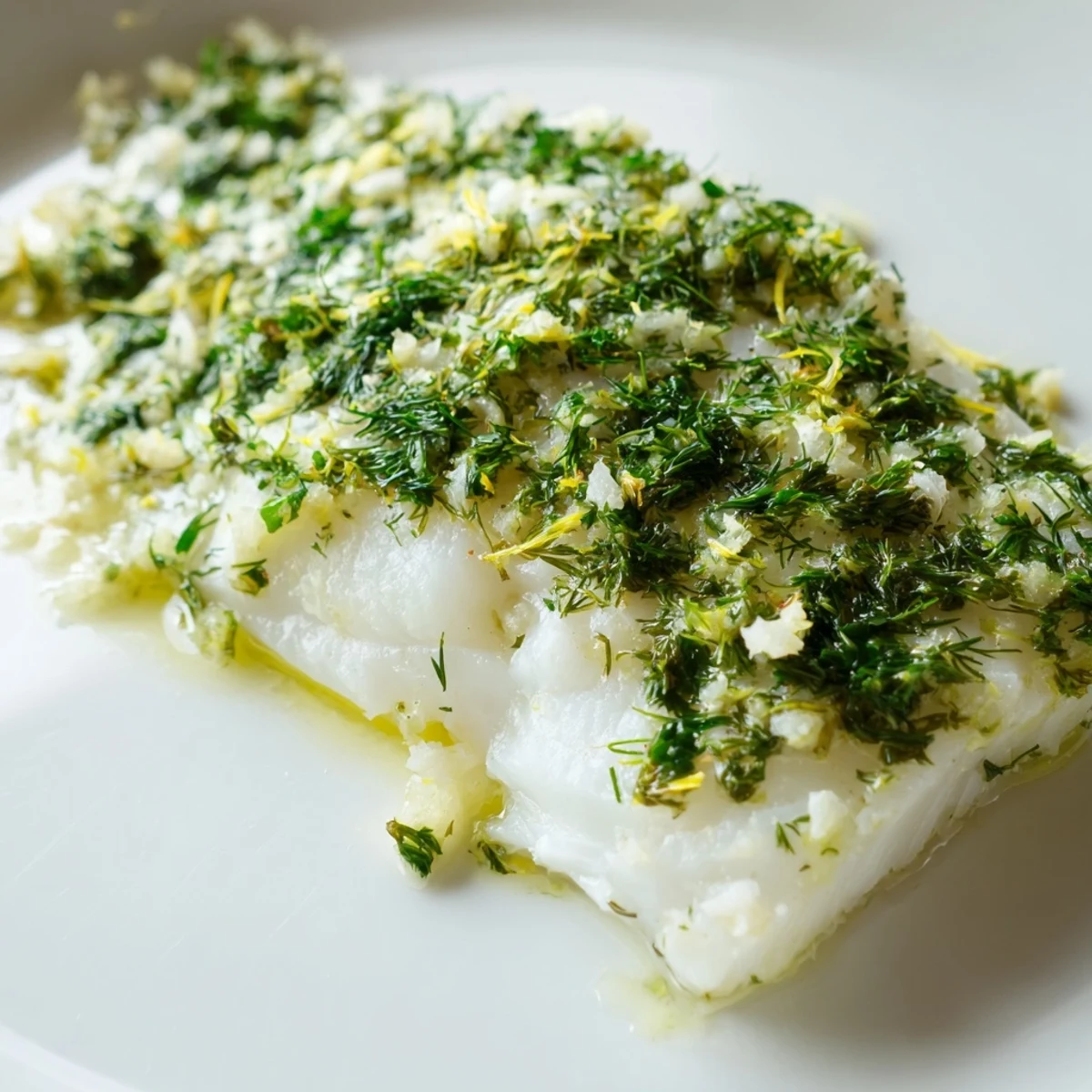 Perfectly cooked Baked Halibut with Lemon Herb Butter served alongside roasted asparagus and baby potatoes for a complete dinner.