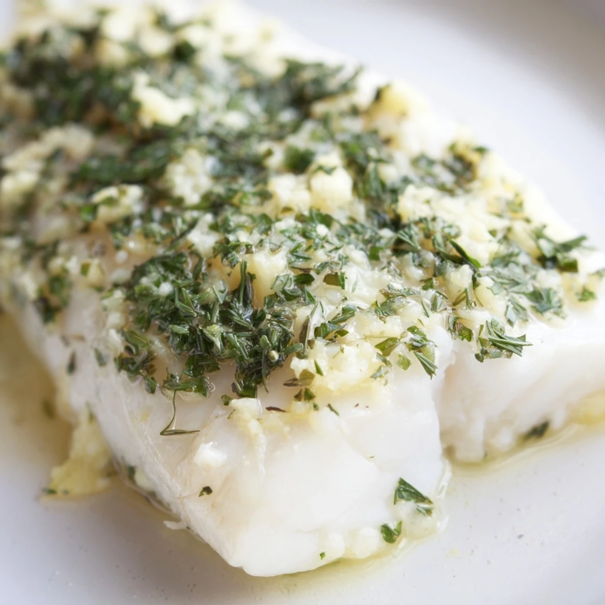 Close-up of Baked Halibut with Lemon Herb Butter, showcasing a sizzling, zesty topping of fresh parsley, dill, and minced garlic.