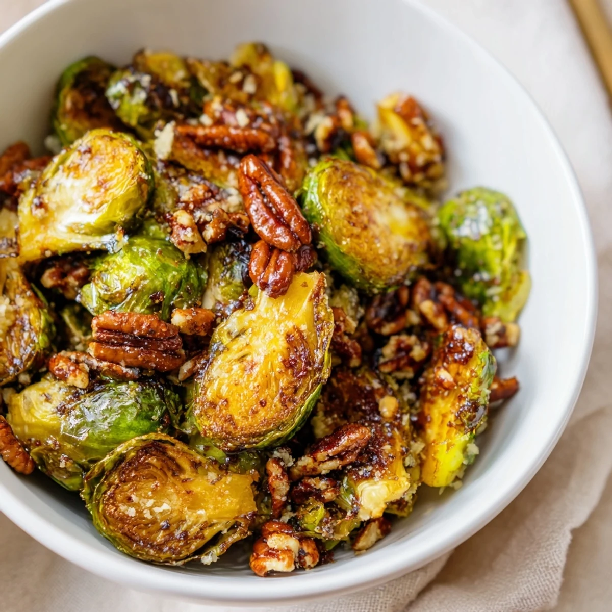 Perfectly caramelized Crispy Brussels Sprouts with Maple Syrup and balsamic drizzle on a plate.
