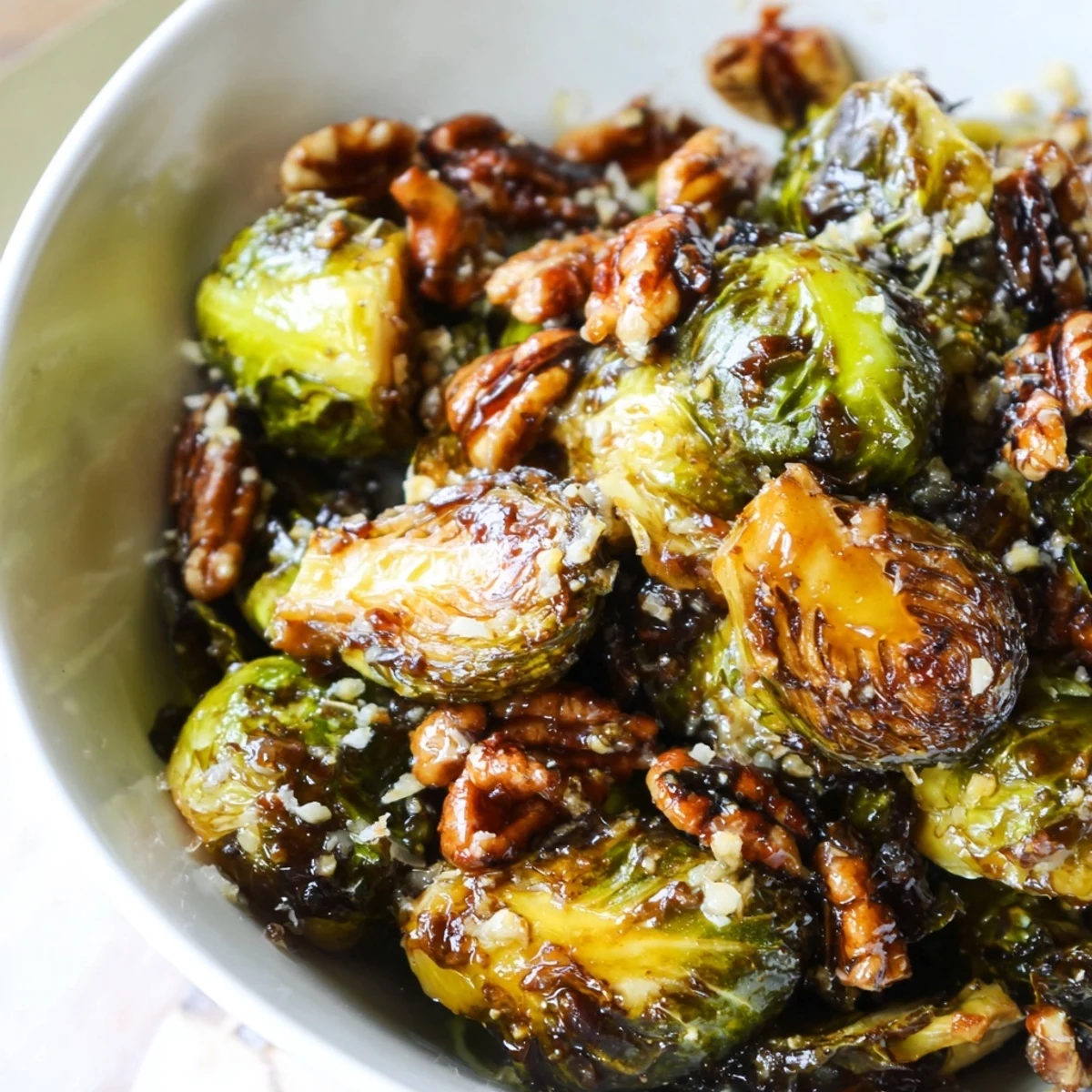Golden-brown Crispy Brussels Sprouts with Maple Syrup glaze on a platter, topped with pecans.