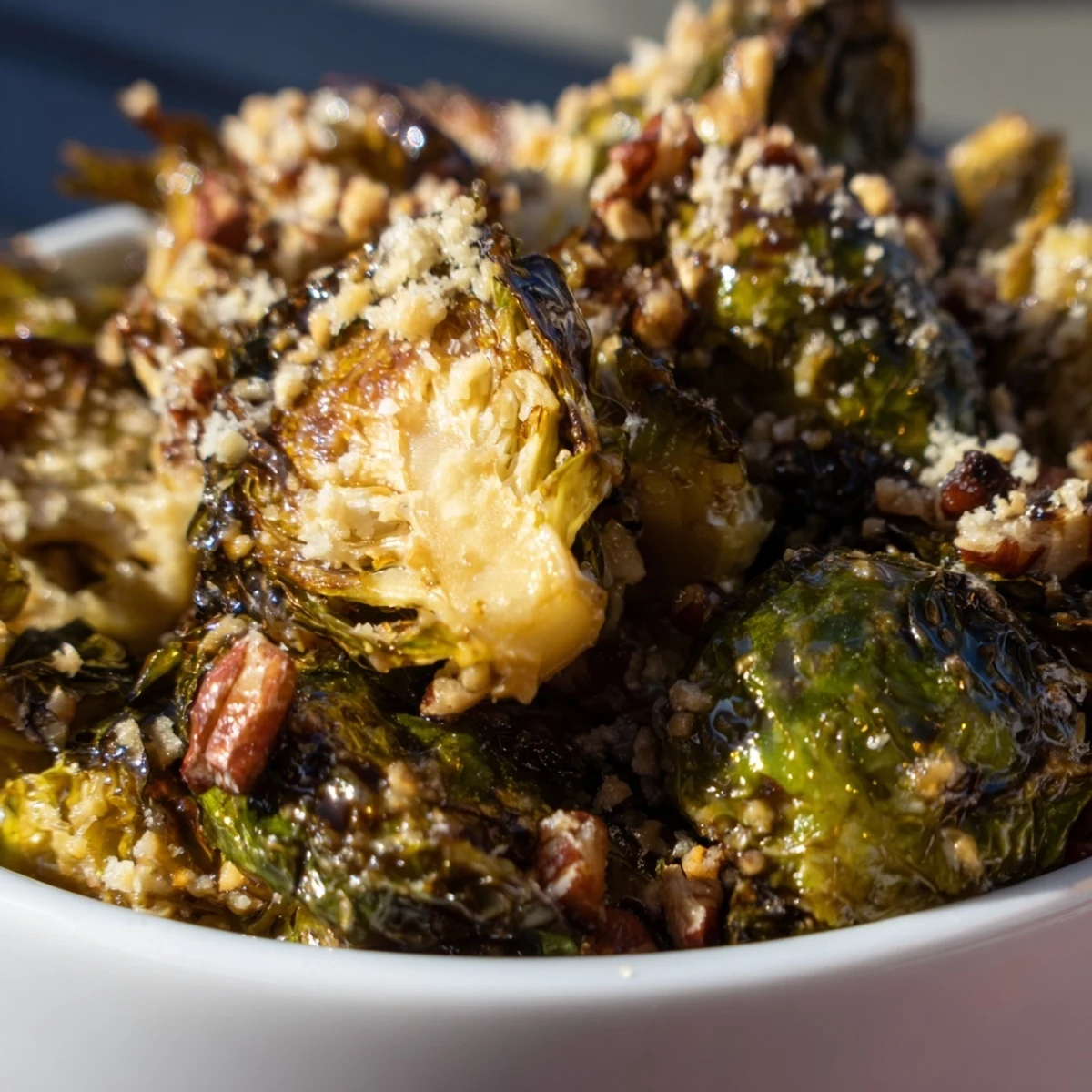 Side dish of Crispy Brussels Sprouts with Maple Syrup garnished with parmesan, served warm.
