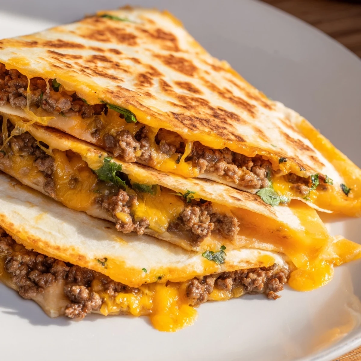 Fresh cilantro and a small bowl of salsa sit beside crispy Tex-Mex quesadillas, perfect for a weeknight dinner.