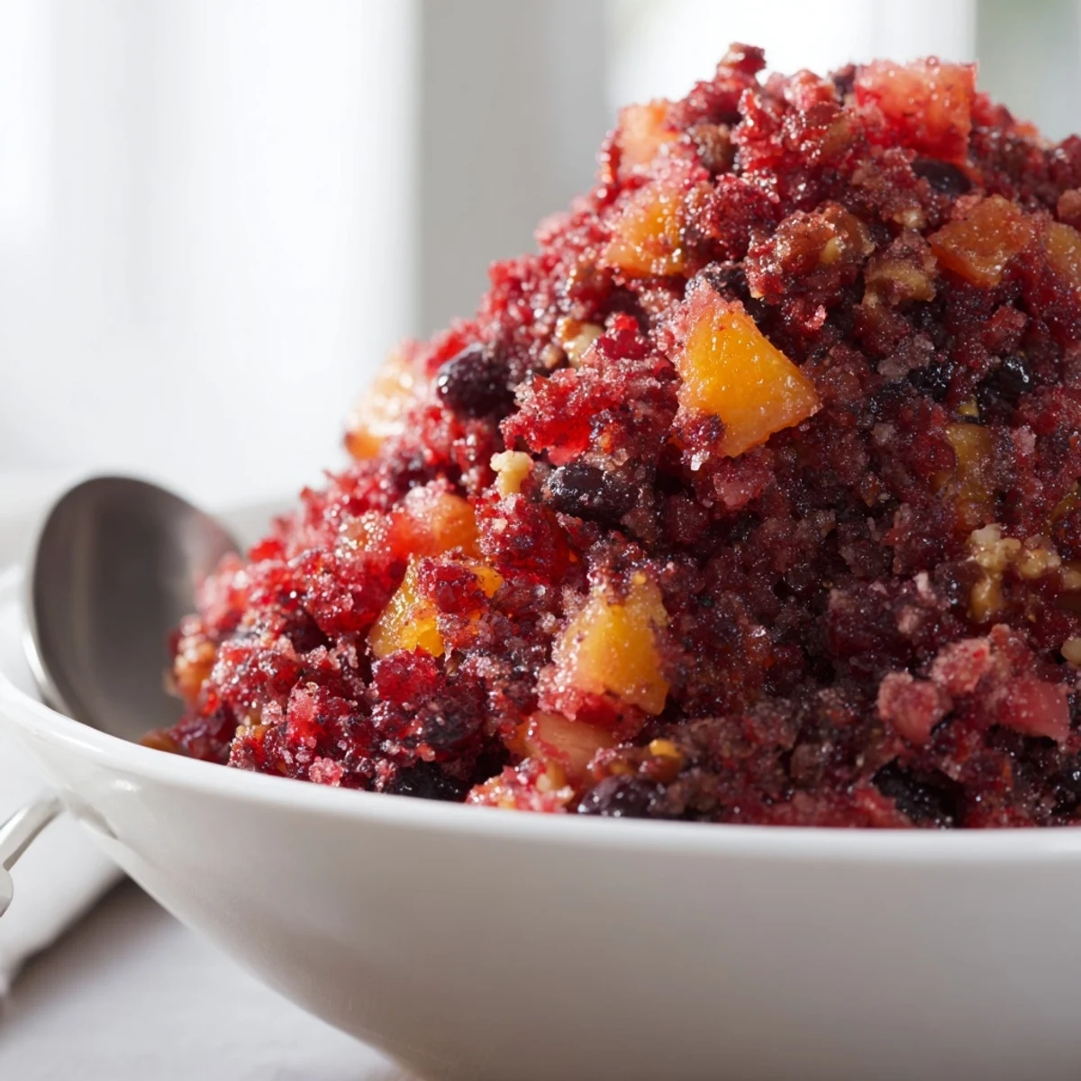 A bowl of vibrant Cranberry Orange Relish with Ginger, garnished with orange zest and fresh ginger on a festive table.