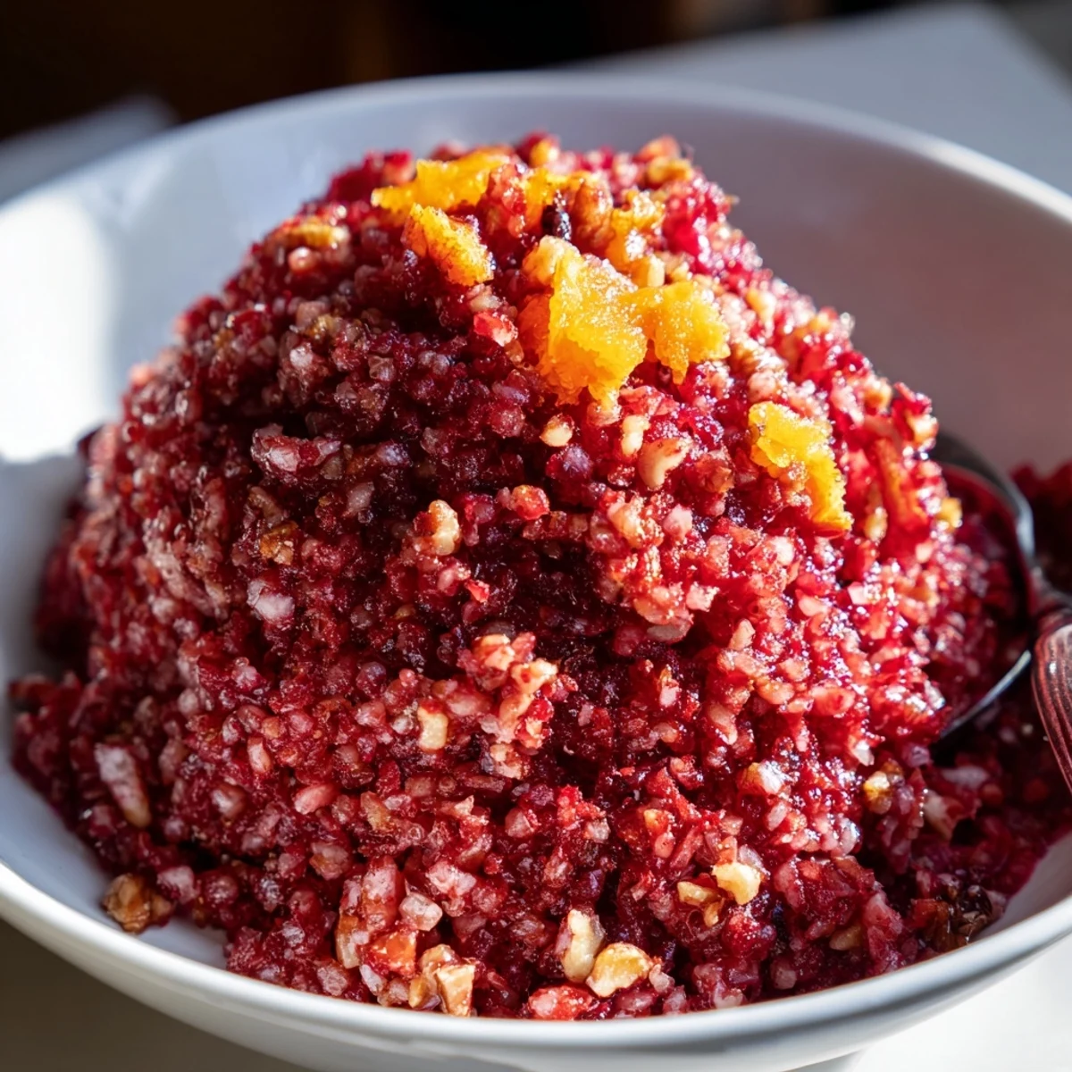 Zesty Cranberry Orange Relish with Ginger in a glass jar, topped with walnuts and fresh orange slices on a rustic wooden board.