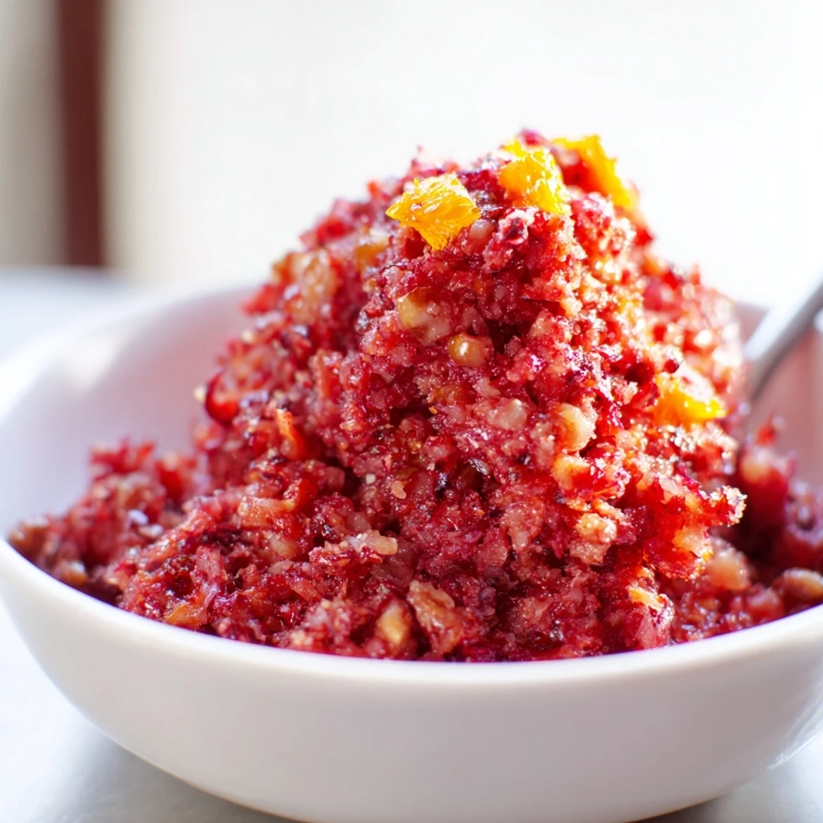 Chunky homemade Cranberry Orange Relish with Ginger in a white bowl, served beside roasted turkey with herbs for a holiday meal.