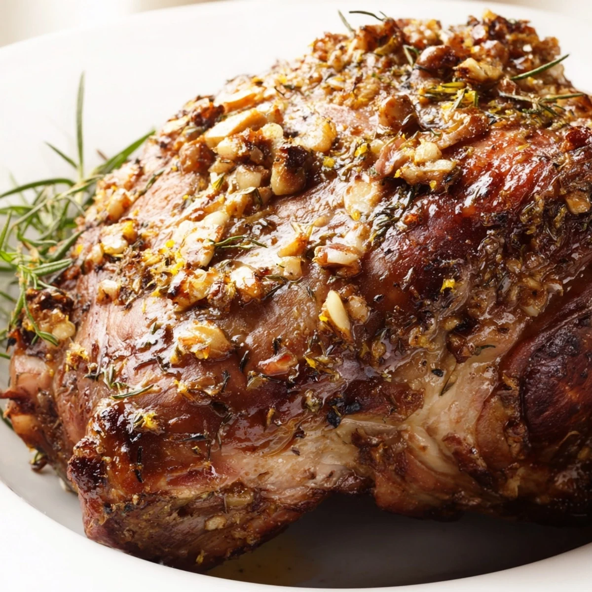 Carved Roasted Lamb Shoulder with Vegetables reveals juicy, pink meat alongside caramelized onions and parsnips.