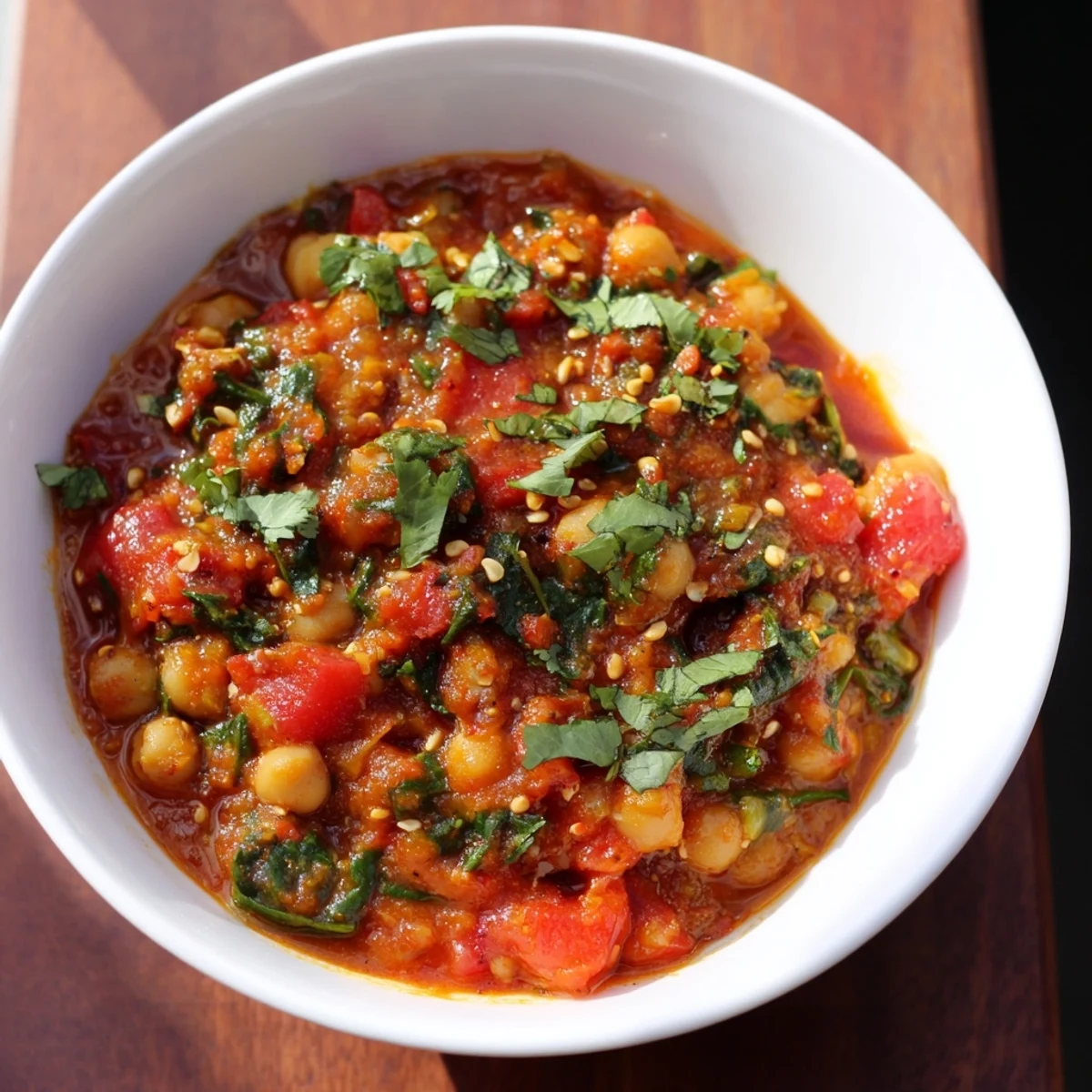 A vibrant serving of Spicy Chickpea and Spinach Curry, rich with golden chickpeas and wilted greens in a tomato-based sauce.