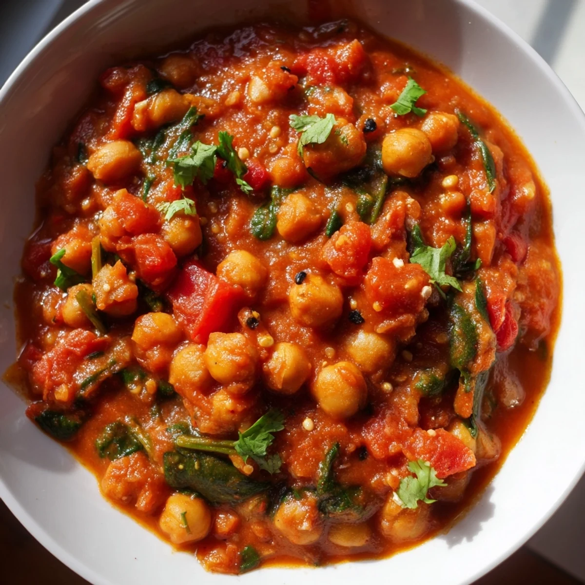 Freshly cooked Spicy Chickpea and Spinach Curry in a rustic bowl, garnished with cilantro and ready to be served with naan.