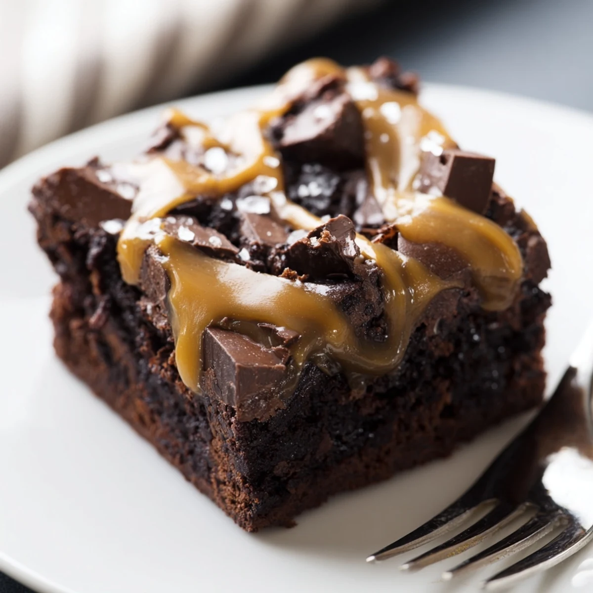 A slice of Chocolate Fudge Brownies with Salted Caramel on a white plate shows a moist, marbled interior and gooey caramel drips. A glass of milk and extra caramel sauce sit nearby.