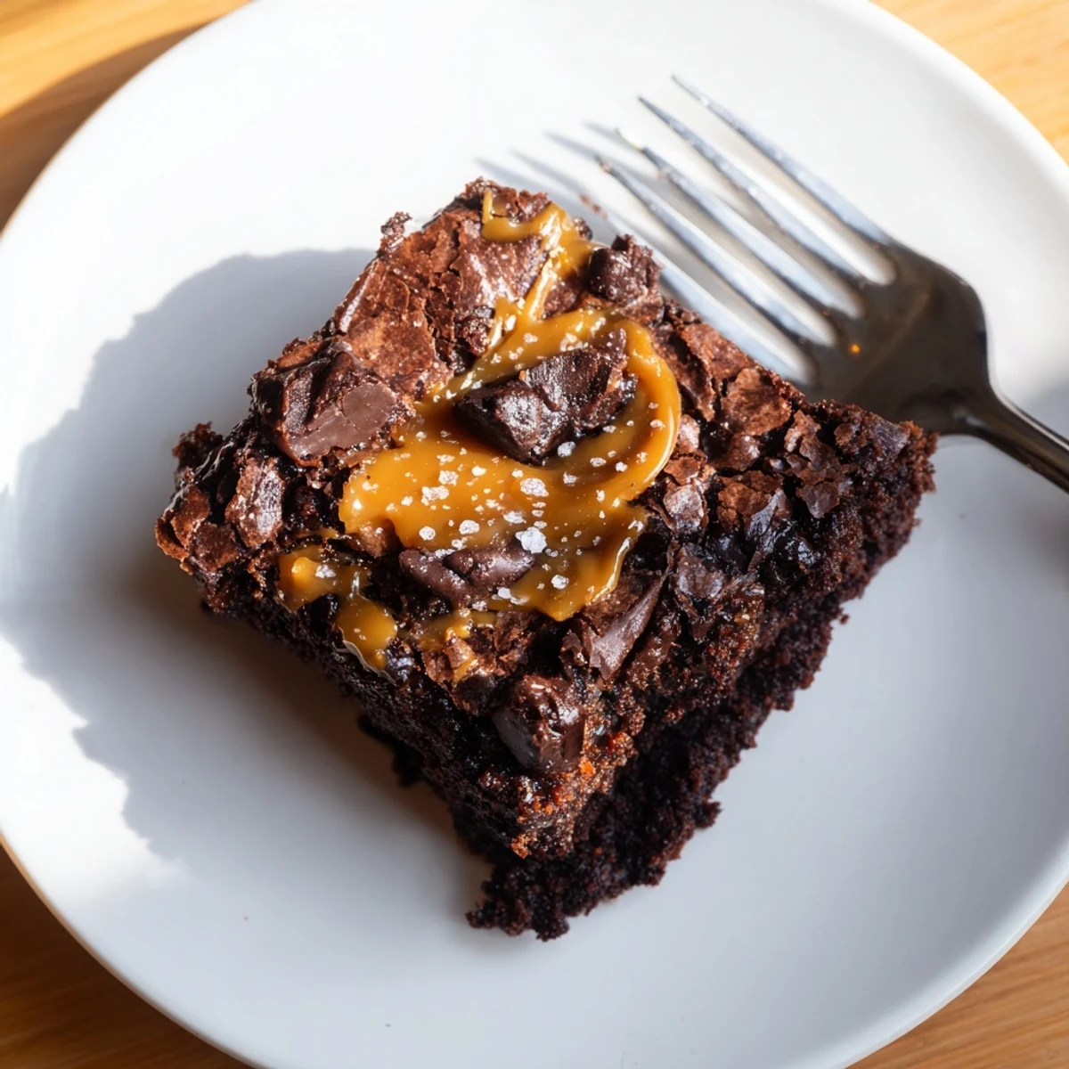 Close-up of Chocolate Fudge Brownies with Salted Caramel highlights a shiny crackly top and rich dark chocolate chunks peeking through. Golden salted caramel swirls are visible in every fudgy bite.