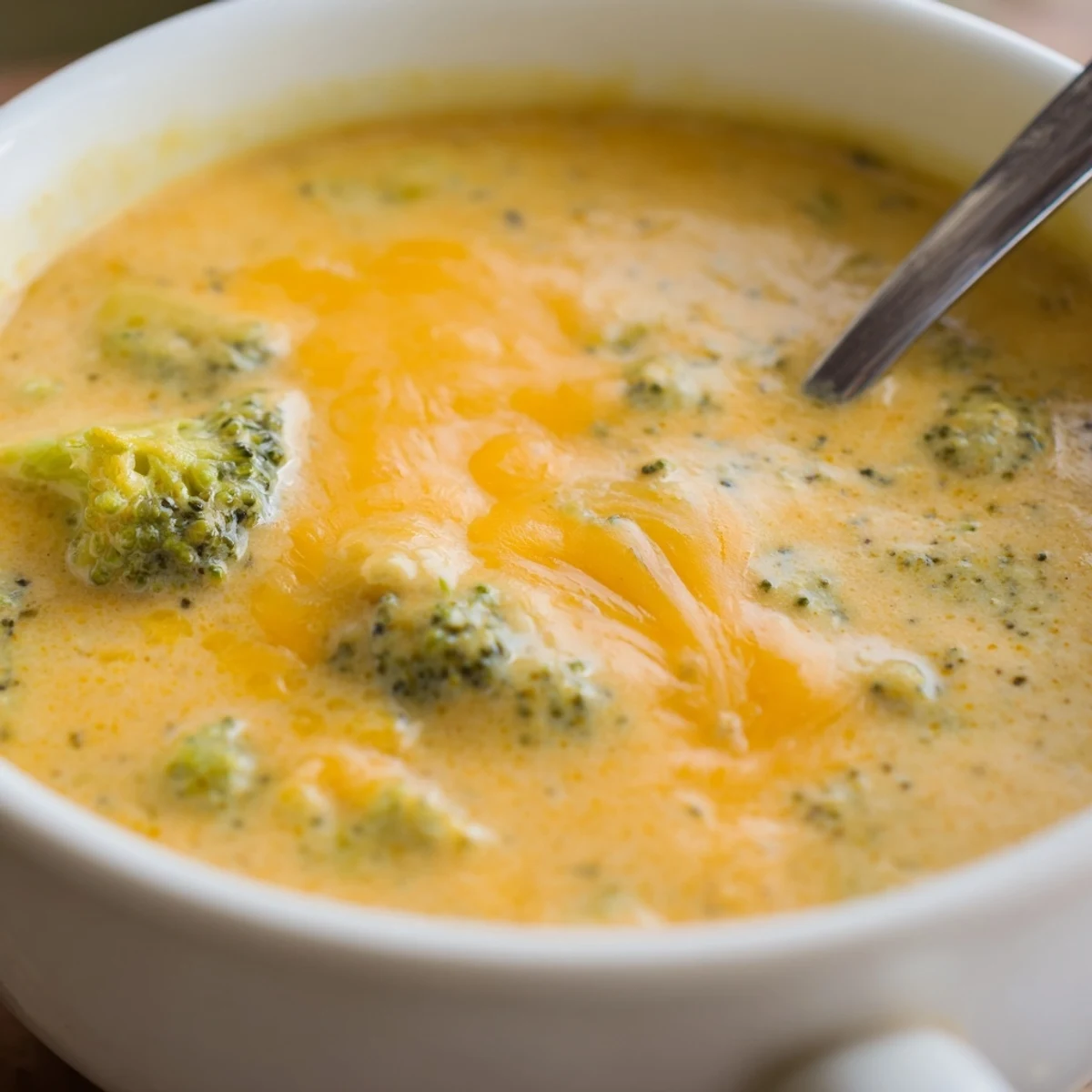 Steaming bowl of creamy broccoli and cheddar soup with a velvety texture and grated cheese on top.