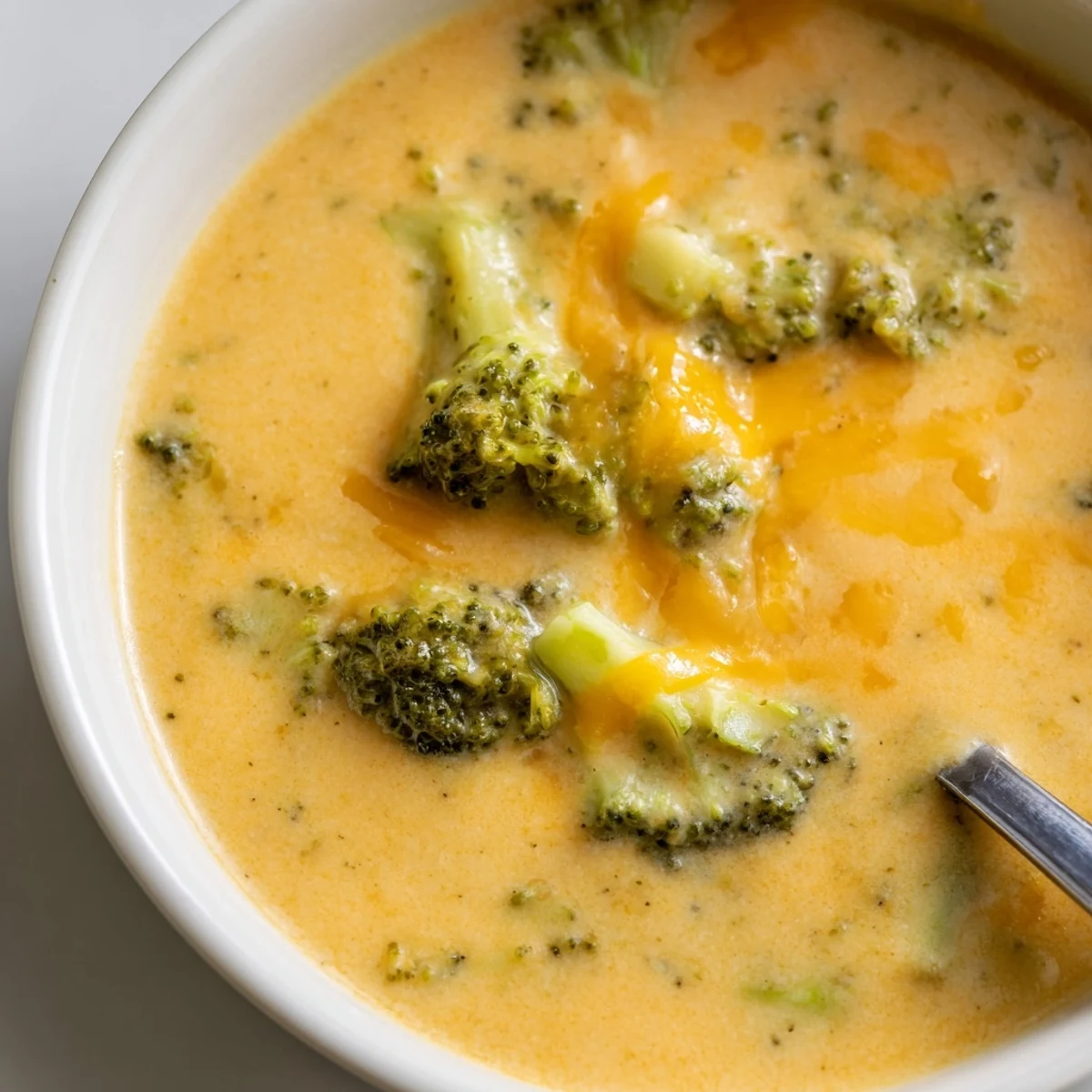 Spoon dipping into a pot of homemade creamy broccoli and cheddar soup, served with crusty bread on the side.