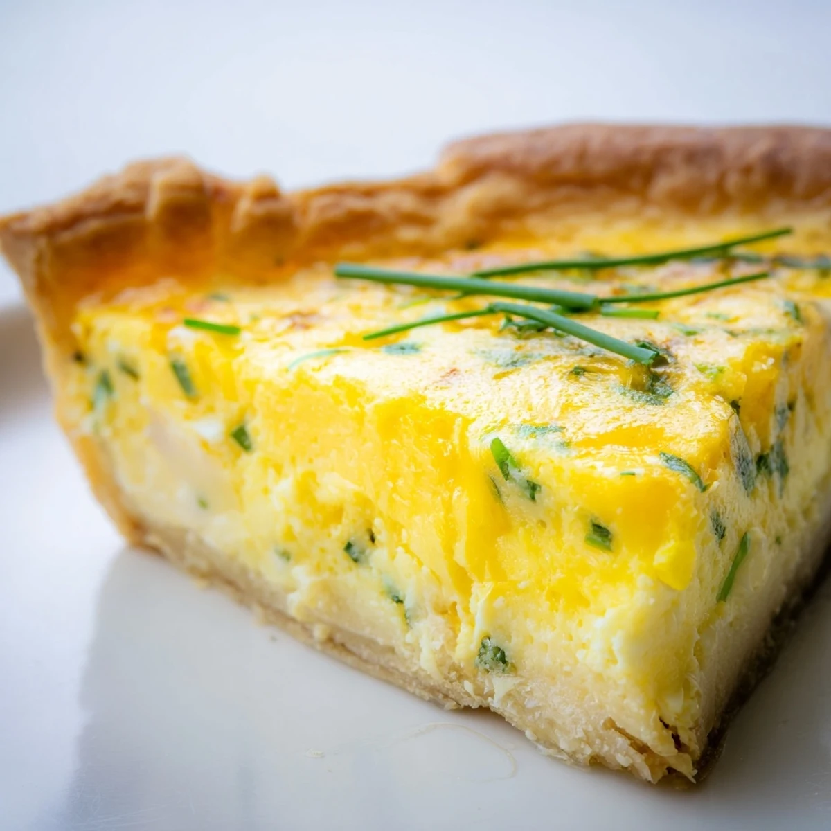 A golden, savory cheese tart with a flaky crust and a creamy, herb-flecked filling sits elegantly on a slate serving board.