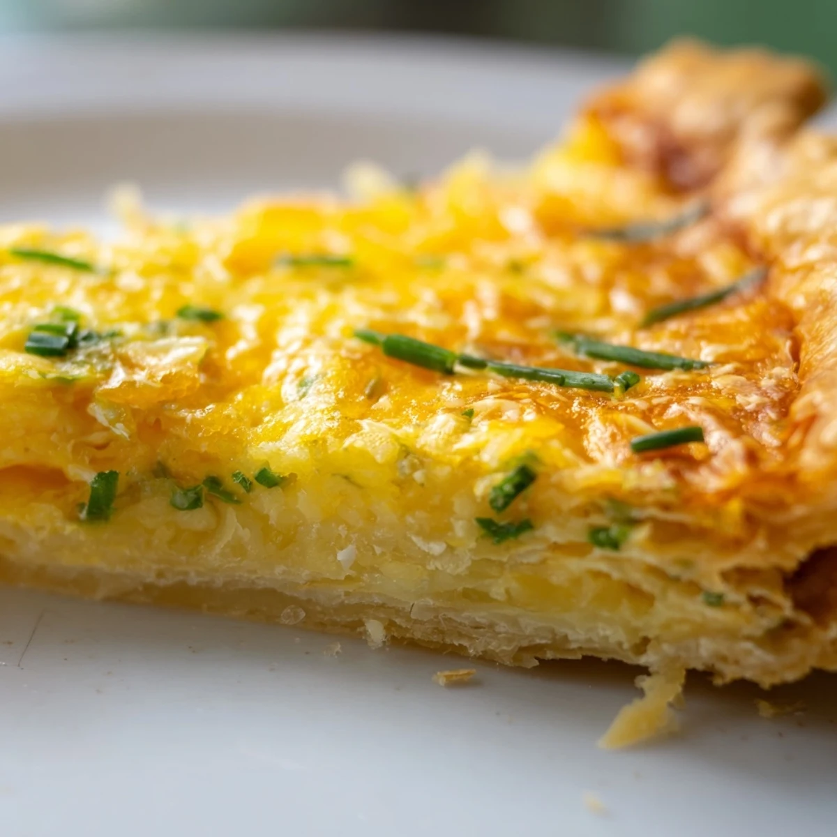 Close-up view of a freshly baked savory cheese tart, showcasing its rich, custardy texture and golden-brown, flaky pastry crust.