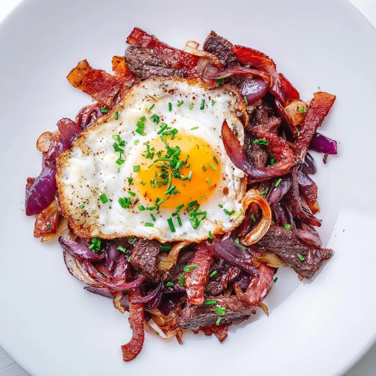 Crispy Bacon Beef with Eggs served over sautéed spinach with a runny yolk.