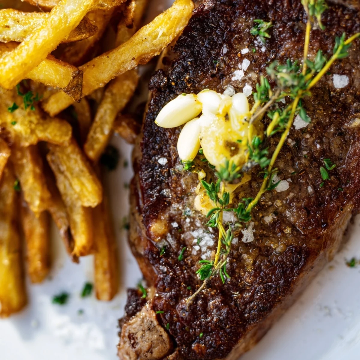 Juicy pan-seared Beef Steak with Fries, garnished with fresh thyme and ready to serve hot.