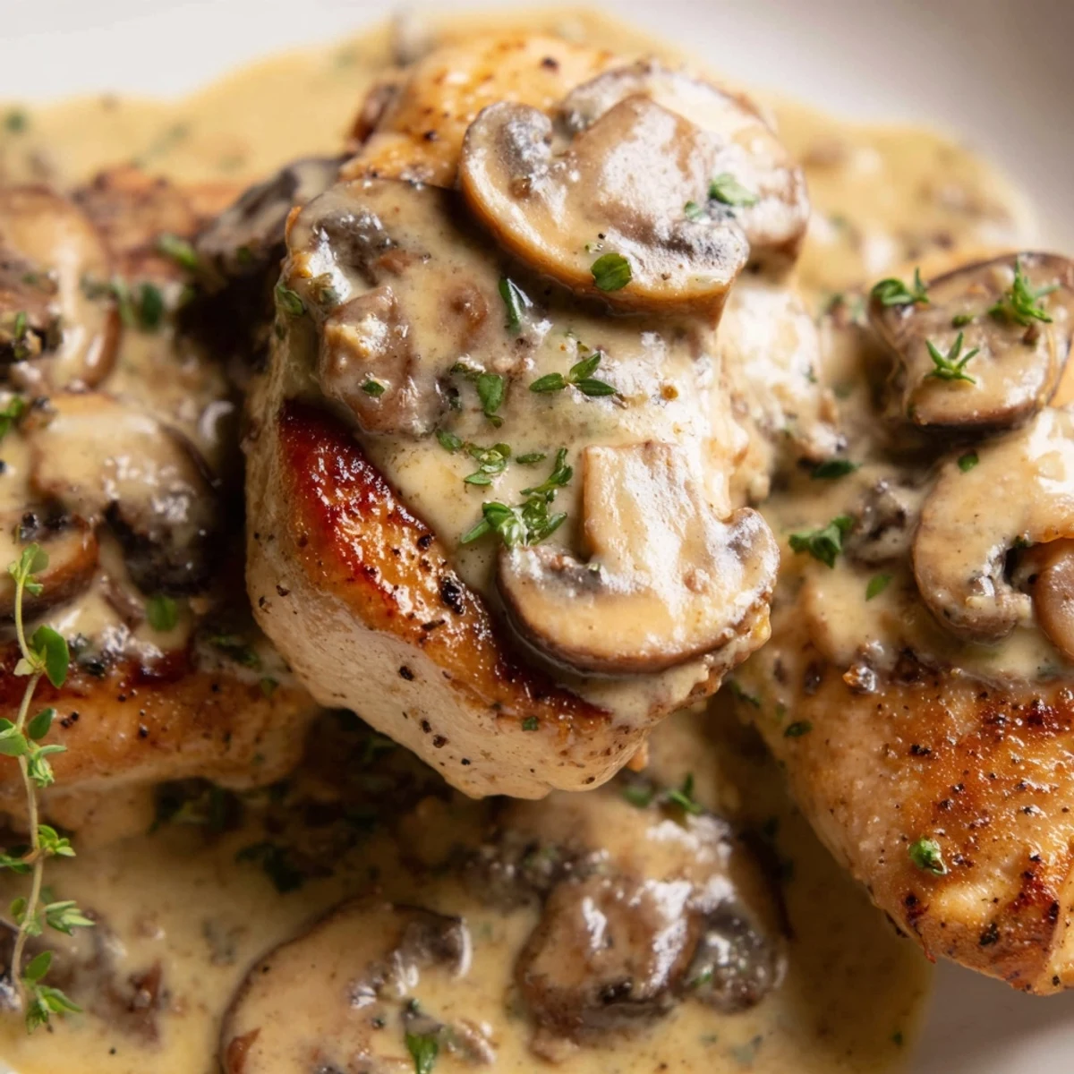 Tender chicken simmered in a savory mushroom sauce, garnished with fresh herbs in a rustic skillet.