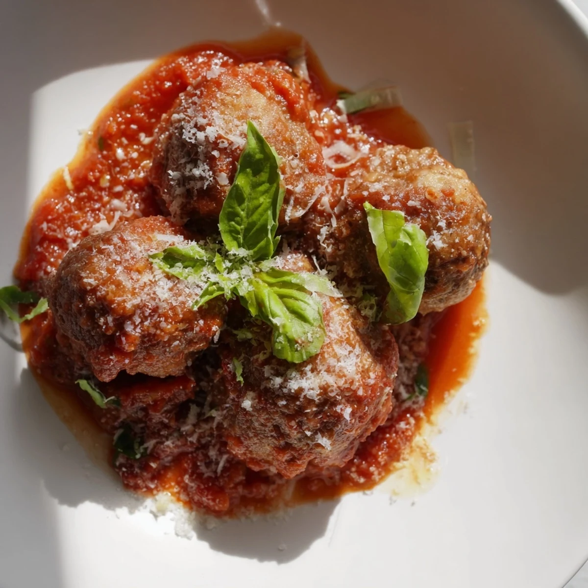 Juicy turkey meatballs simmer in a rich marinara sauce, served over spaghetti for an Italian-American family dinner.