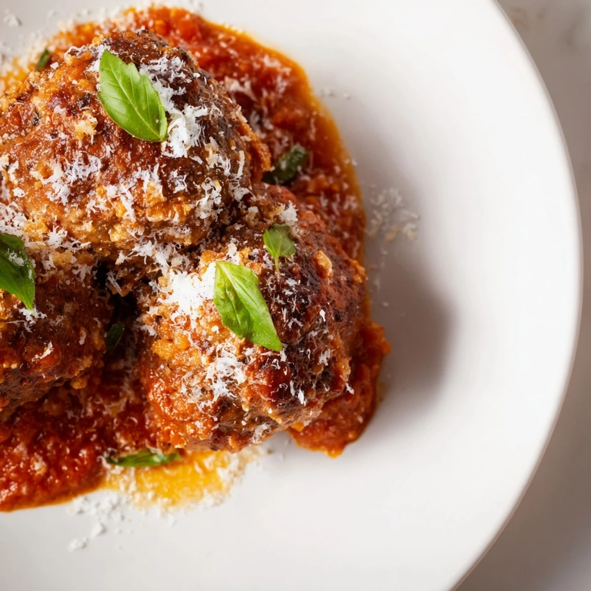 Golden brown turkey meatballs nestled in a robust marinara sauce, garnished with fresh basil and grated Parmesan cheese.