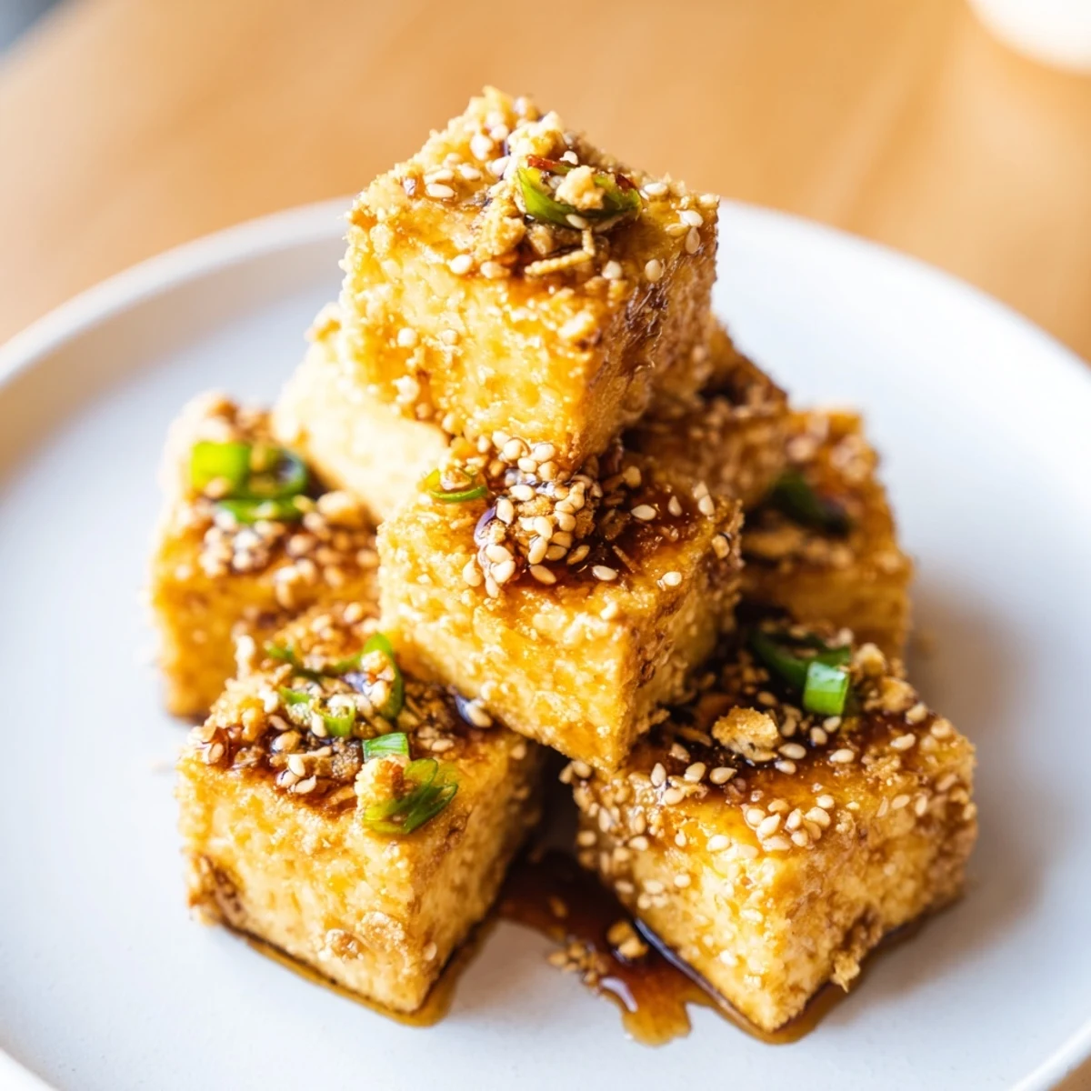 Freshly prepared Crispy Air Fryer Tofu with Soy Glaze glistening with a savory sweet coating.