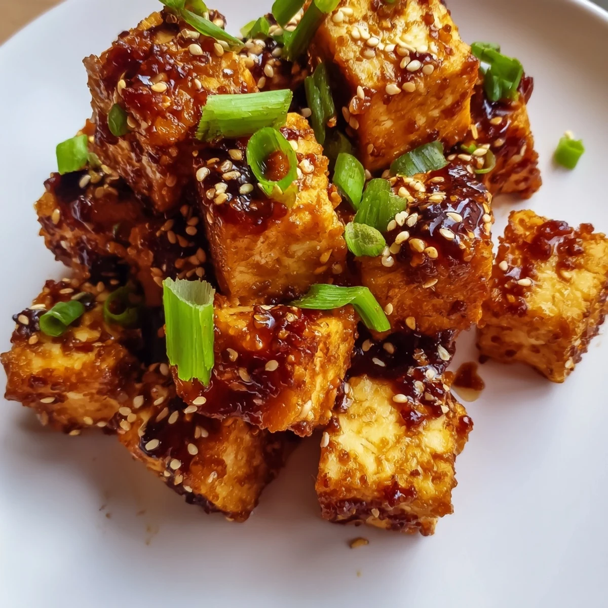 Plate of Crispy Air Fryer Tofu with Soy Glaze served over steamed rice and green onions.