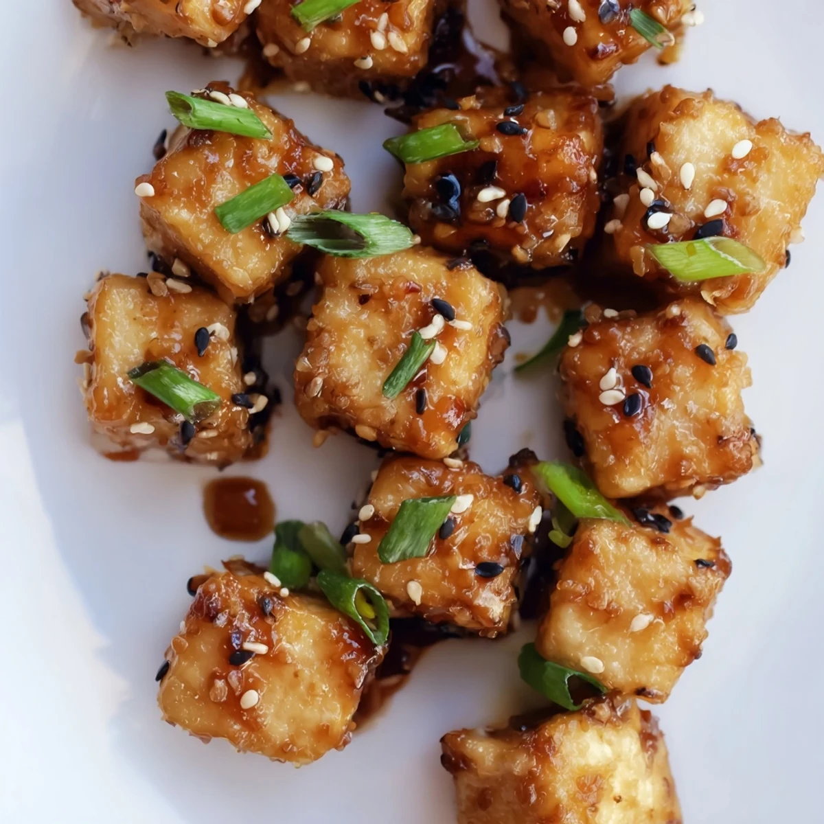 Close-up of golden brown Crispy Air Fryer Tofu with Soy Glaze highlighting the crunchy texture.