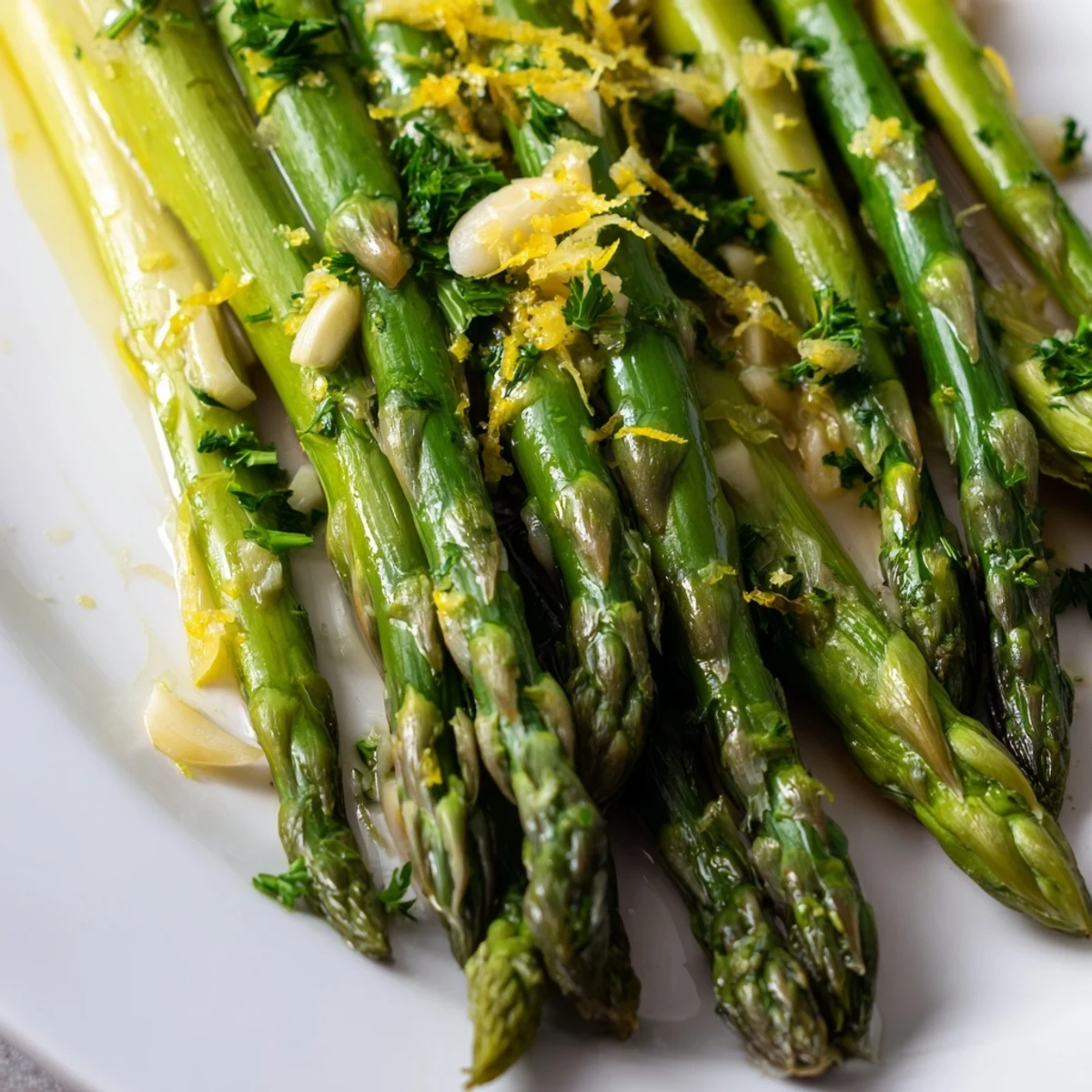 Oven-roasted Lemon Garlic Roasted Asparagus with bright lemon zest and fresh parsley on a ceramic plate.