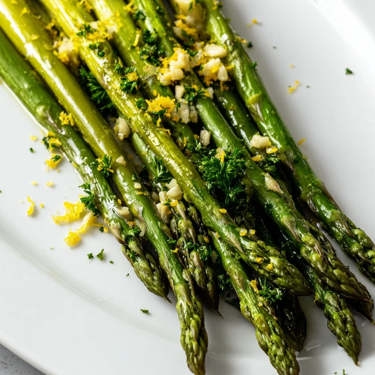 Tender Lemon Garlic Roasted Asparagus served alongside grilled chicken, perfect for a quick Mediterranean-inspired dinner.
