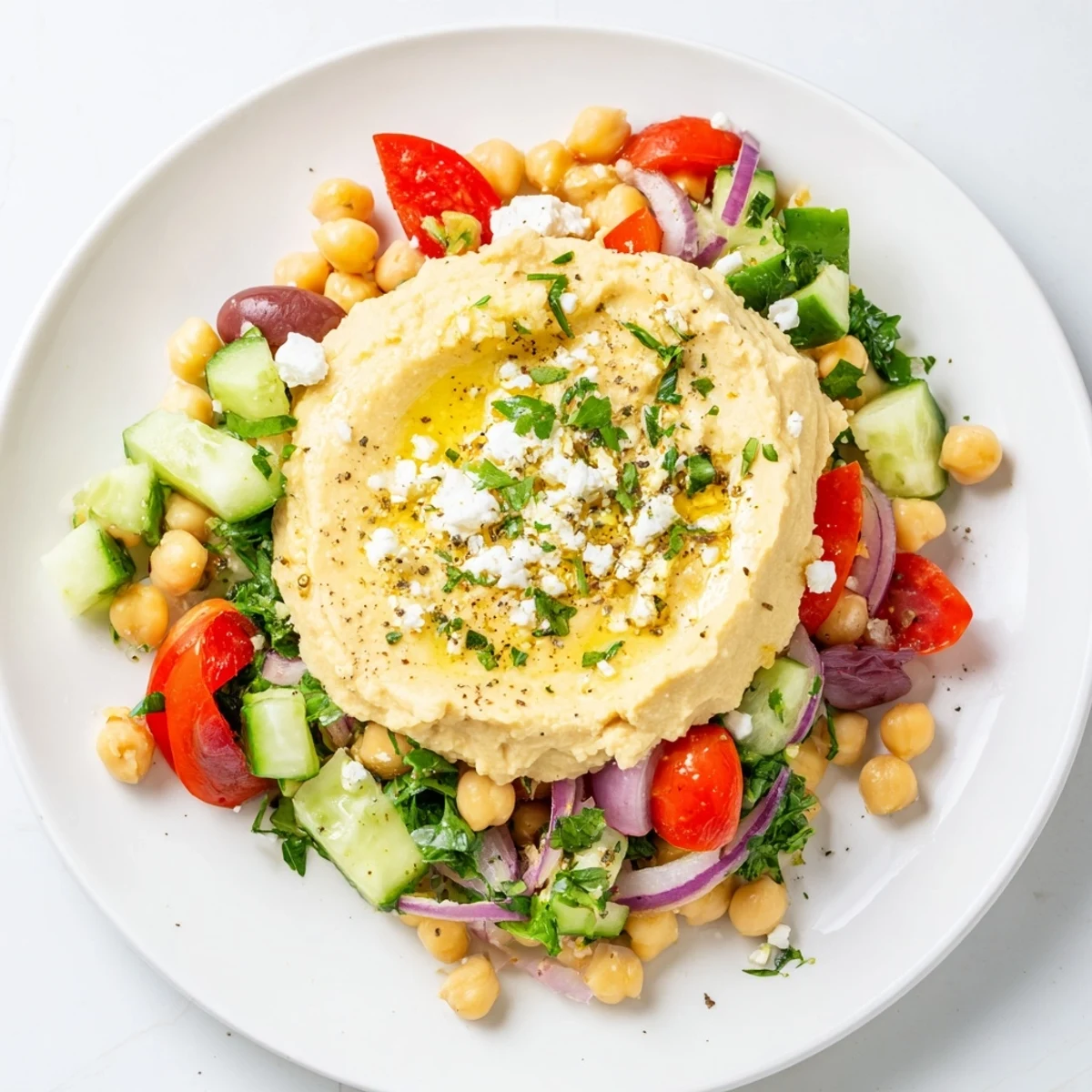 Bright Mediterranean Salad with Hummus tossed with chickpeas and a zesty lemon-oregano dressing, ready to serve.