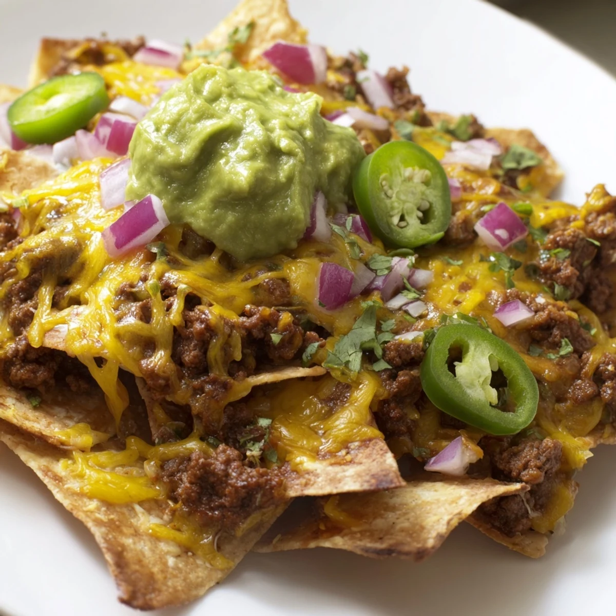 Golden baked nachos with seasoned beef and cheddar, garnished with diced tomatoes, red onion, and jalapeños for a spicy kick.