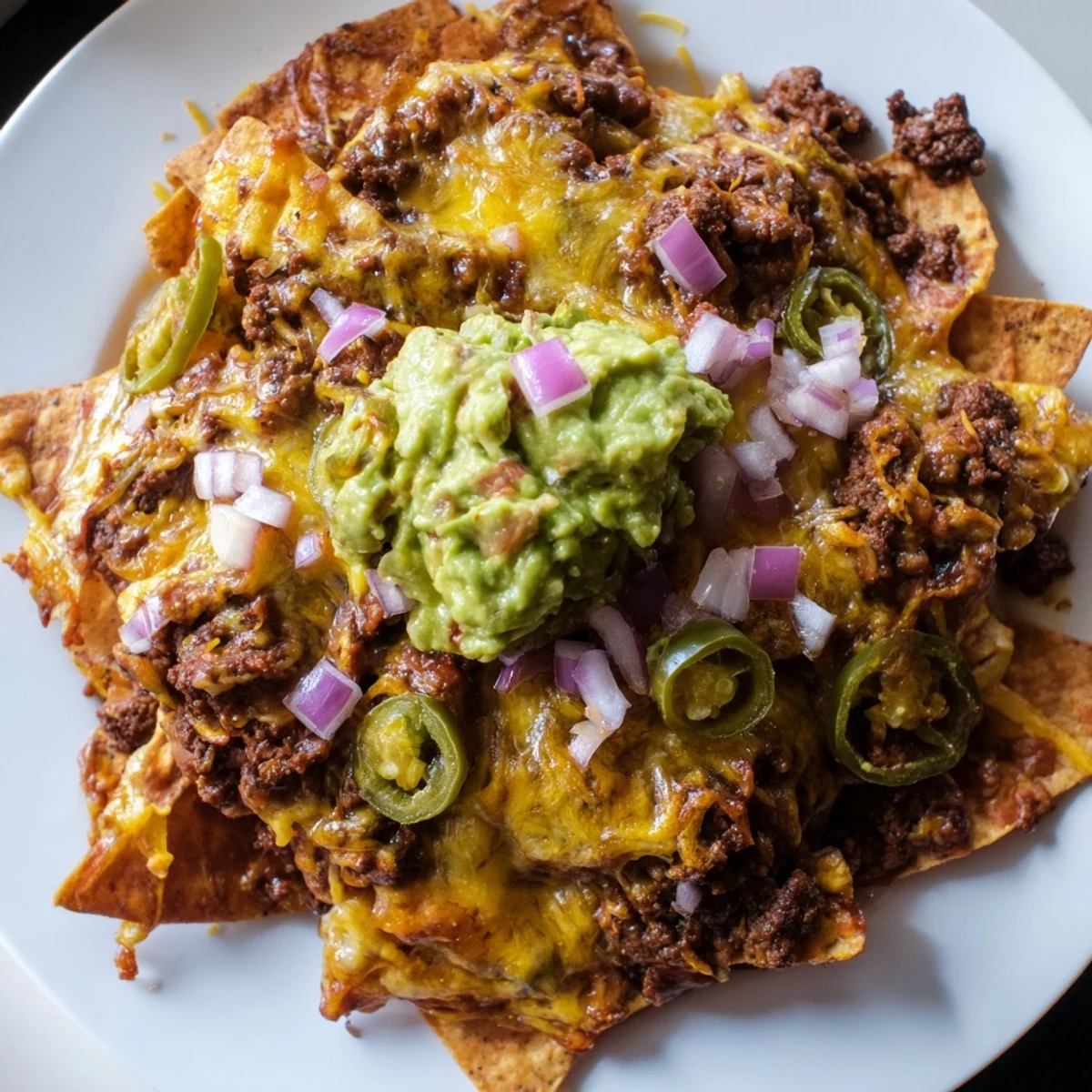 Crispy tortilla chips piled high with spiced ground beef, melted cheese, and topped with fresh guacamole for a classic Tex-Mex snack.