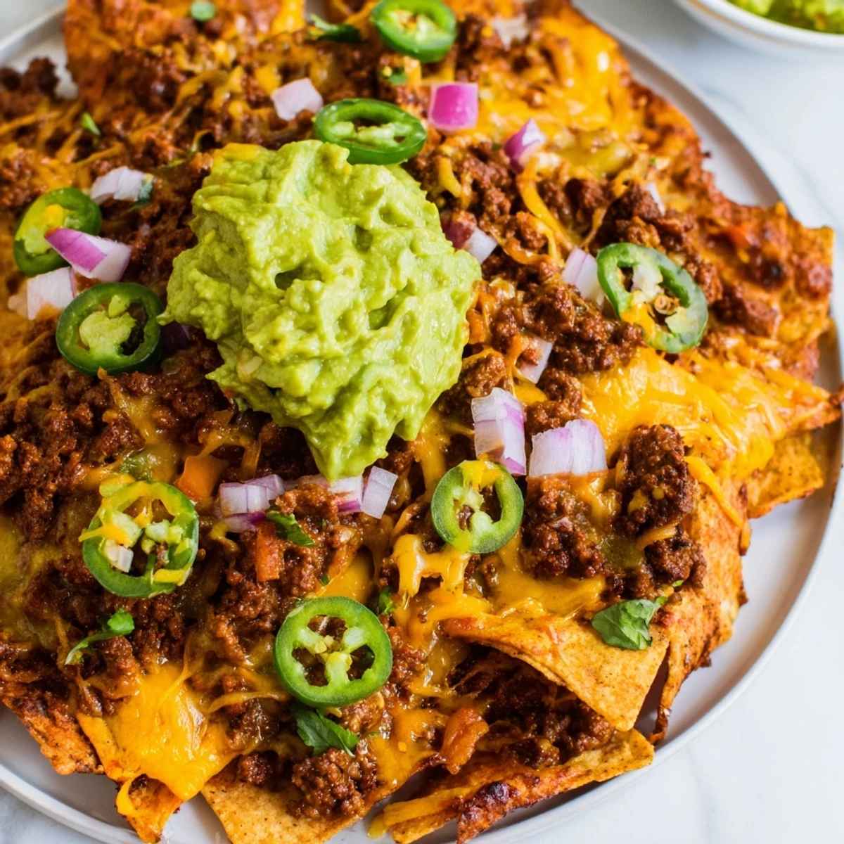 Hearty Beef Nachos with Guacamole served with lime wedges, fresh cilantro, and extra guac on the side for dipping.