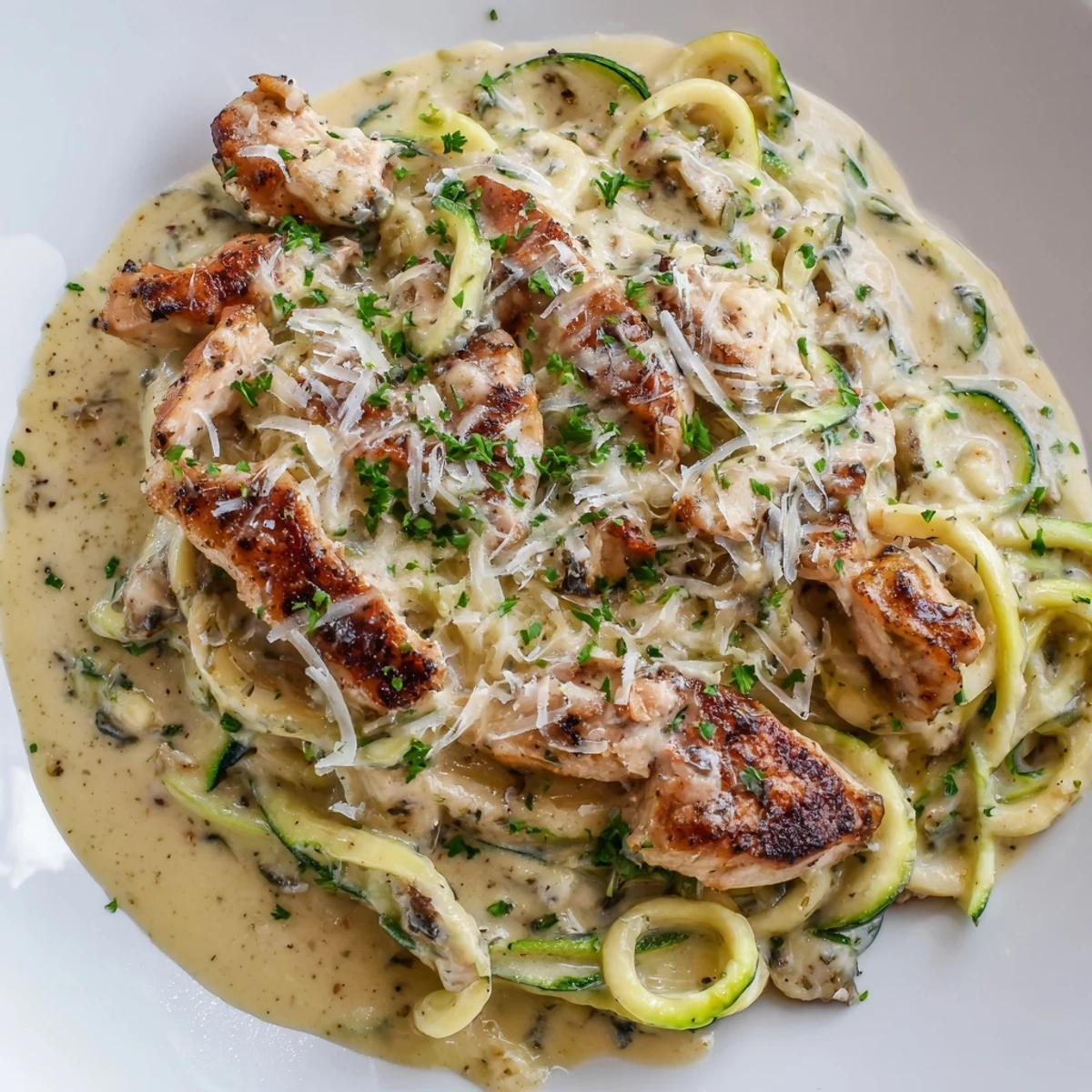Golden-brown chicken strips and creamy Alfredo sauce tossed with fresh spiralized zucchini noodles on a white plate.