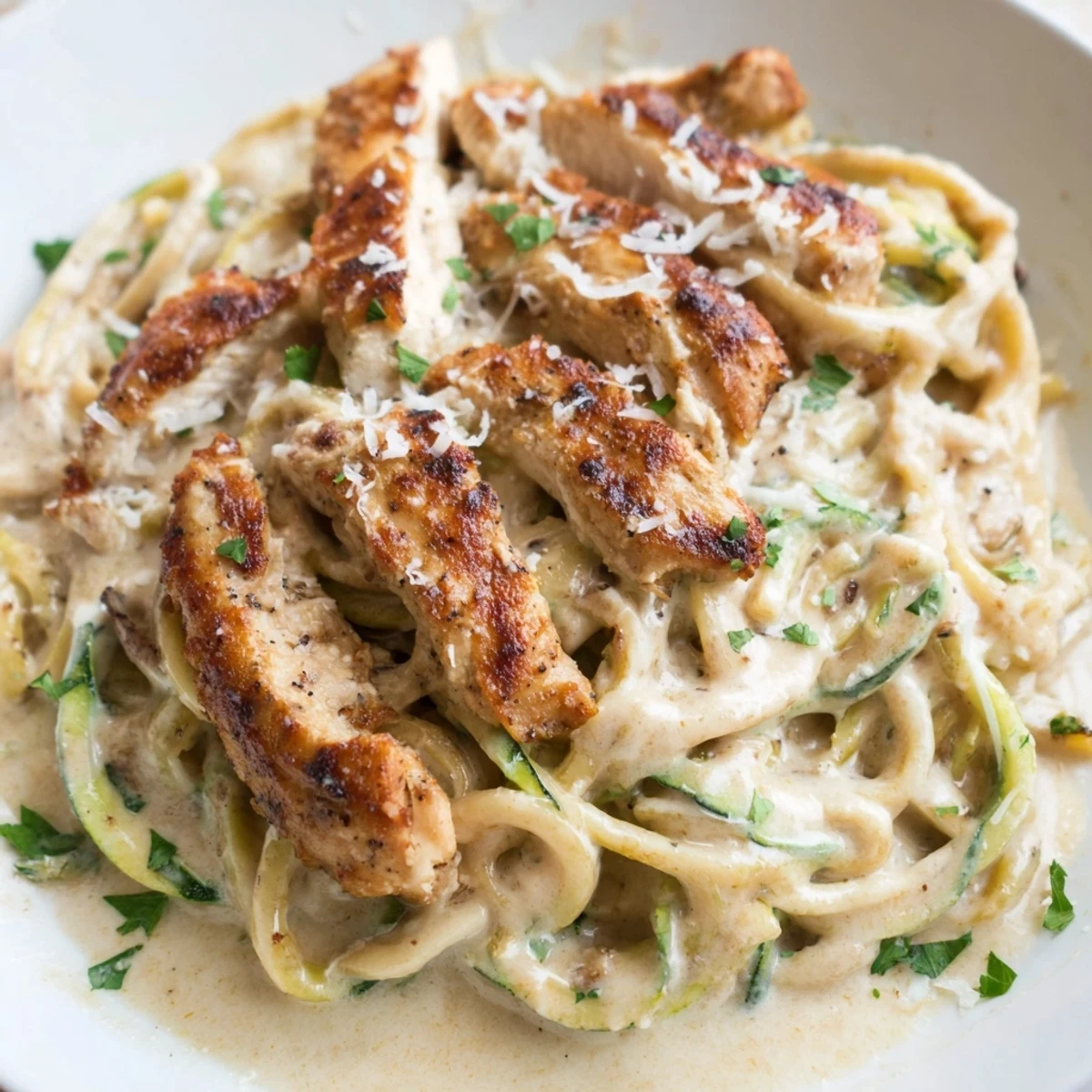 Fresh zucchini noodles and tender chicken breast covered in a rich garlic Parmesan sauce, ready to eat.