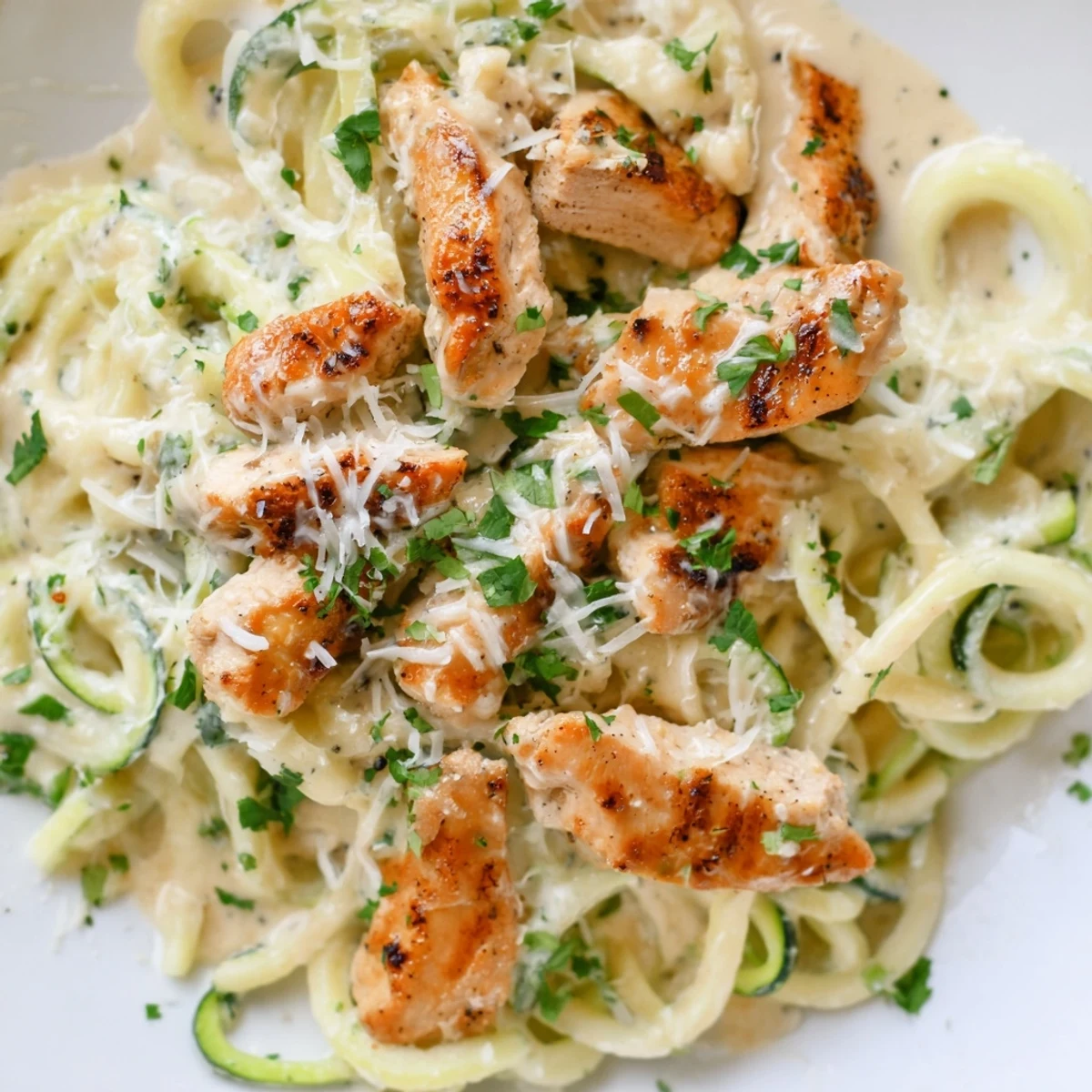 A low-carb Chicken Alfredo with Zucchini Noodles, garnished with parsley and Parmesan, served with a glass of white wine.