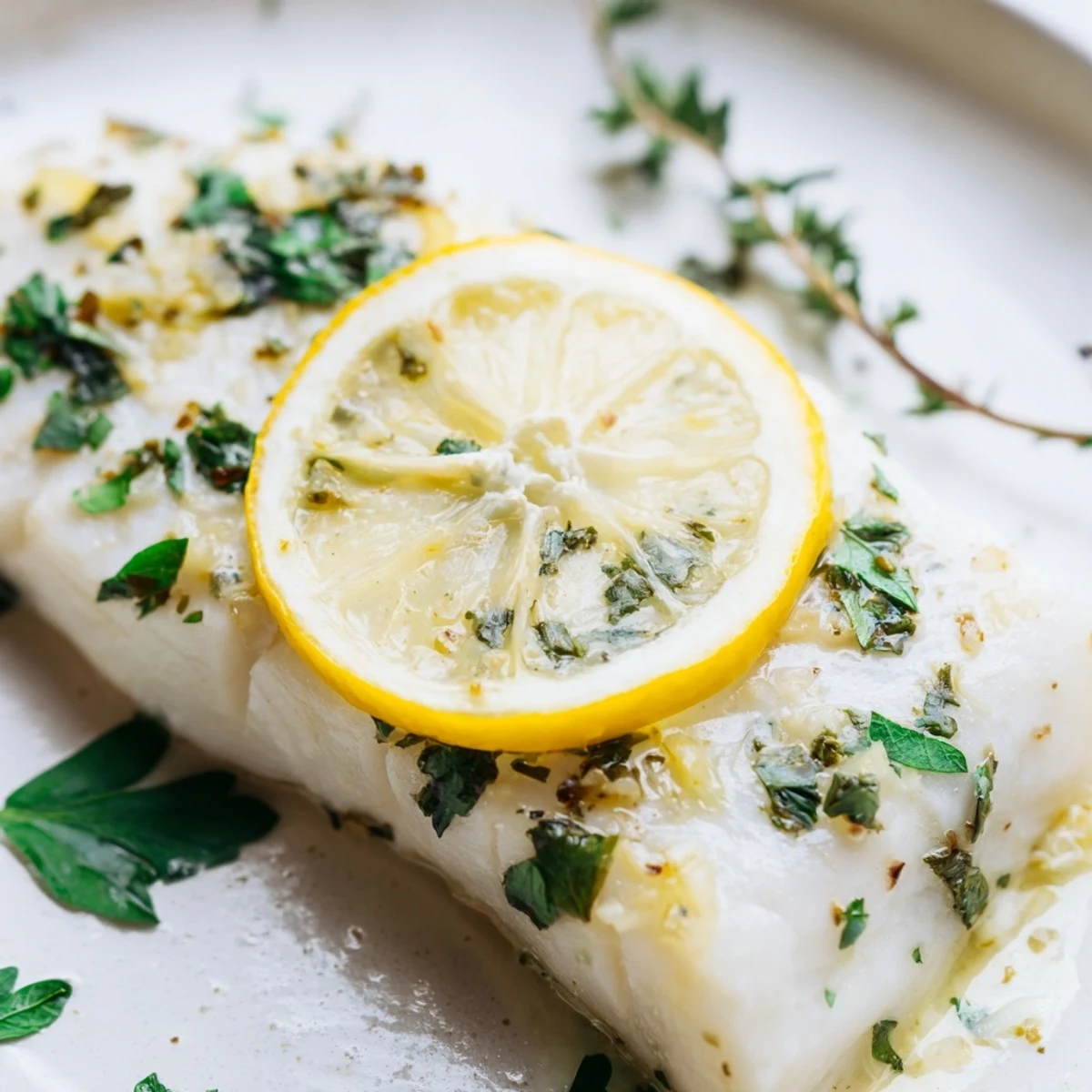Tender, flaky Baked Halibut with Lemon brightens a white plate, garnished with fresh parsley and lemon slices.