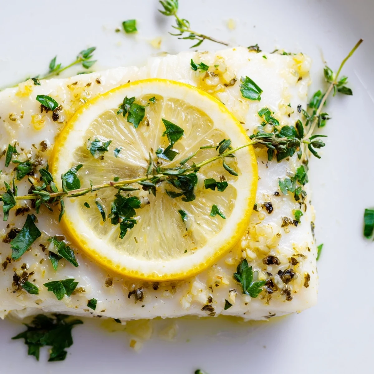 Freshly baked Baked Halibut with Lemon rests in a baking dish, brushed with garlic and herb olive oil.