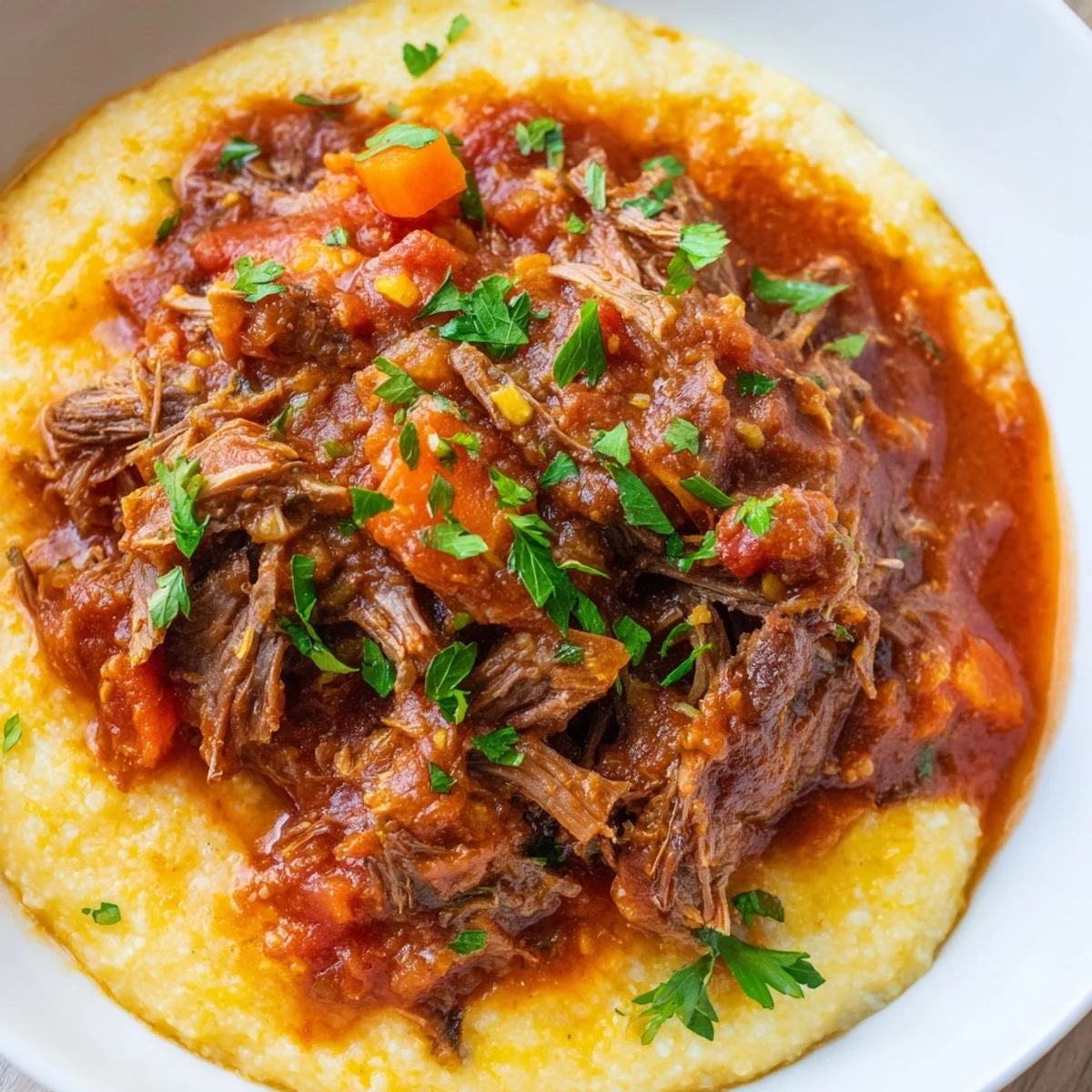 Slow cooker beef ragu with tender shredded beef served over creamy, buttery polenta.