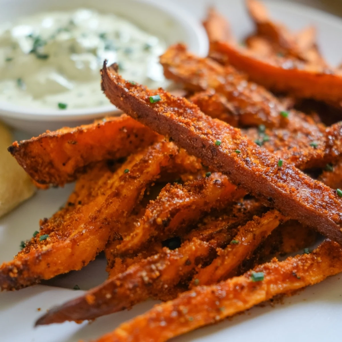 Golden brown Roasted Sweet Potato Fries with Dip piled high on a parchment-lined baking sheet, steaming hot.